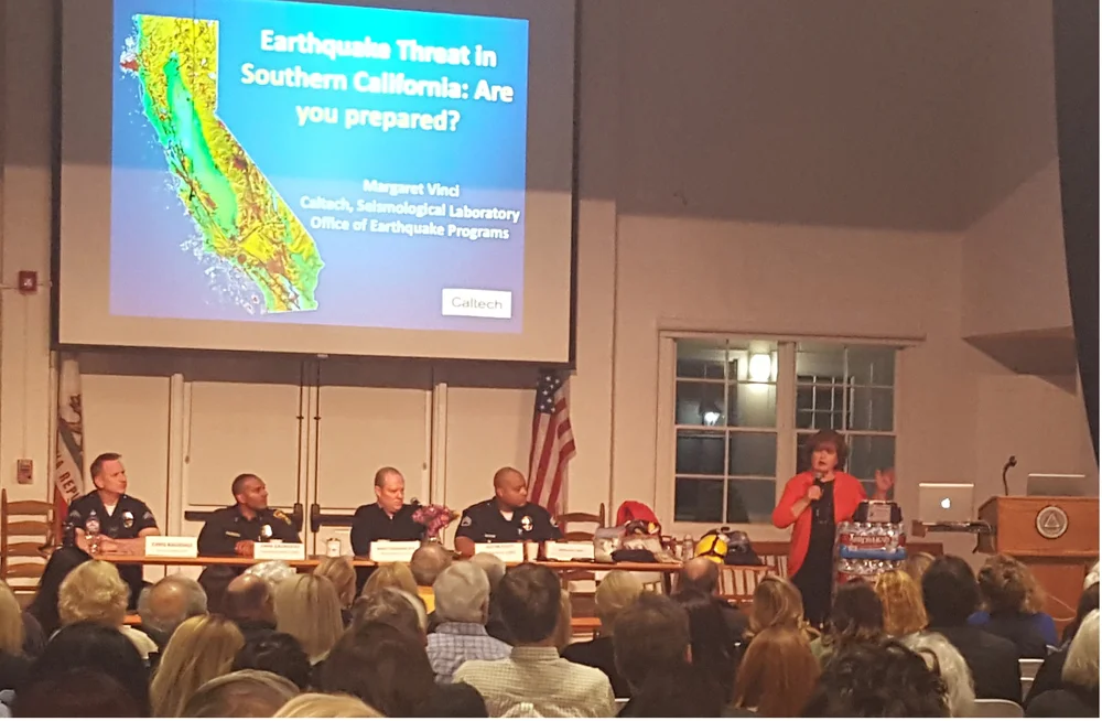 Margaret Vinci of Cal Tech’s Seismological Laboratory speaks at Wednesday night’s BAA Emergency Preparedness Meeting.