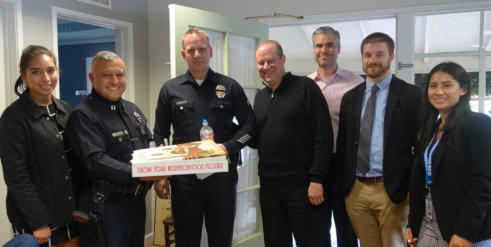 Left to right: BAA Executive Assistant Alex Benevidez, LAPD WLA Commanding Officer Captain Vic Davalos, Senior Lead Officer Chris Ragsdale, BAA Emergency Preparedness and Neighborhood Watch Committee Chair Mark Goodman MD, BAA Executive Director Shawn Bayliss, CD5 Field Deputy Jarrett Thompson, Vanessa Tamayo - Office of City Atty Victim Service Coordinator, Victim Assistance Program. Missing from photo is Senior Lead Officer Maria Gray (Brentwood SLO)