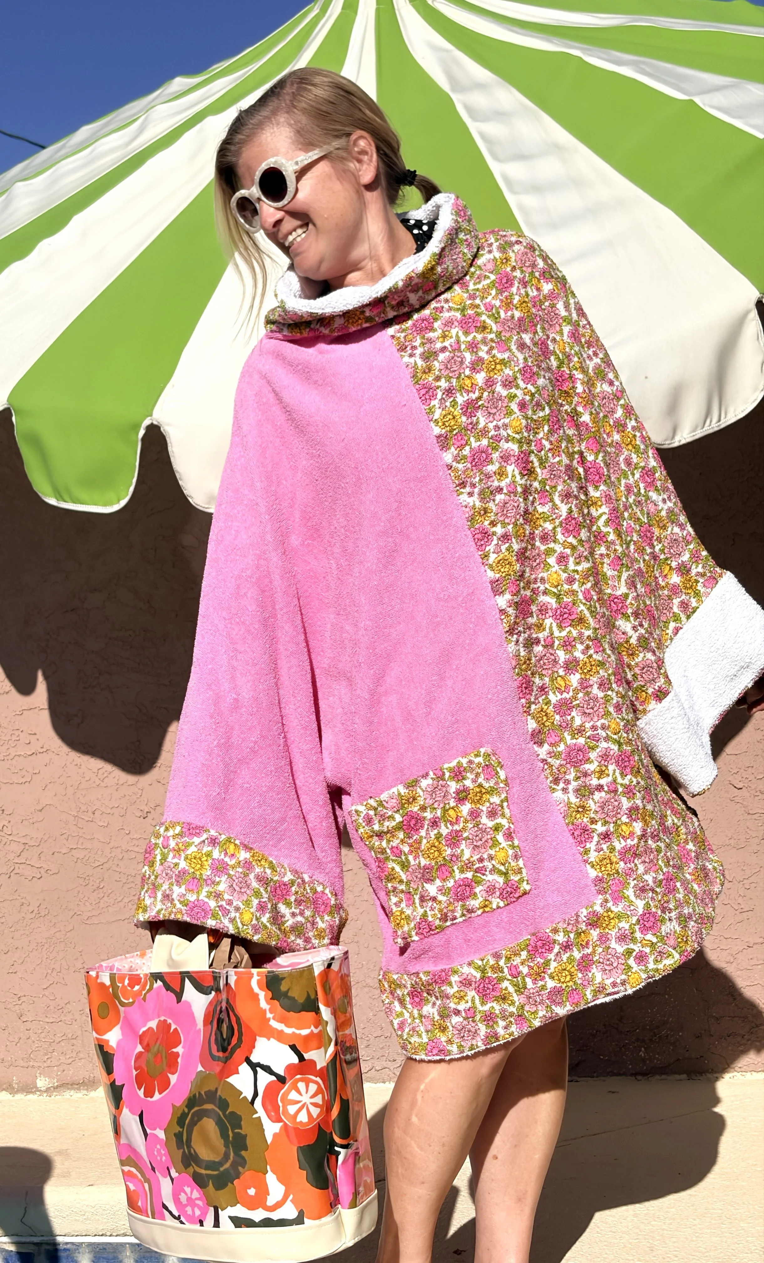 Pink and Yellow Flowers Vintage Terrycloth Coverup