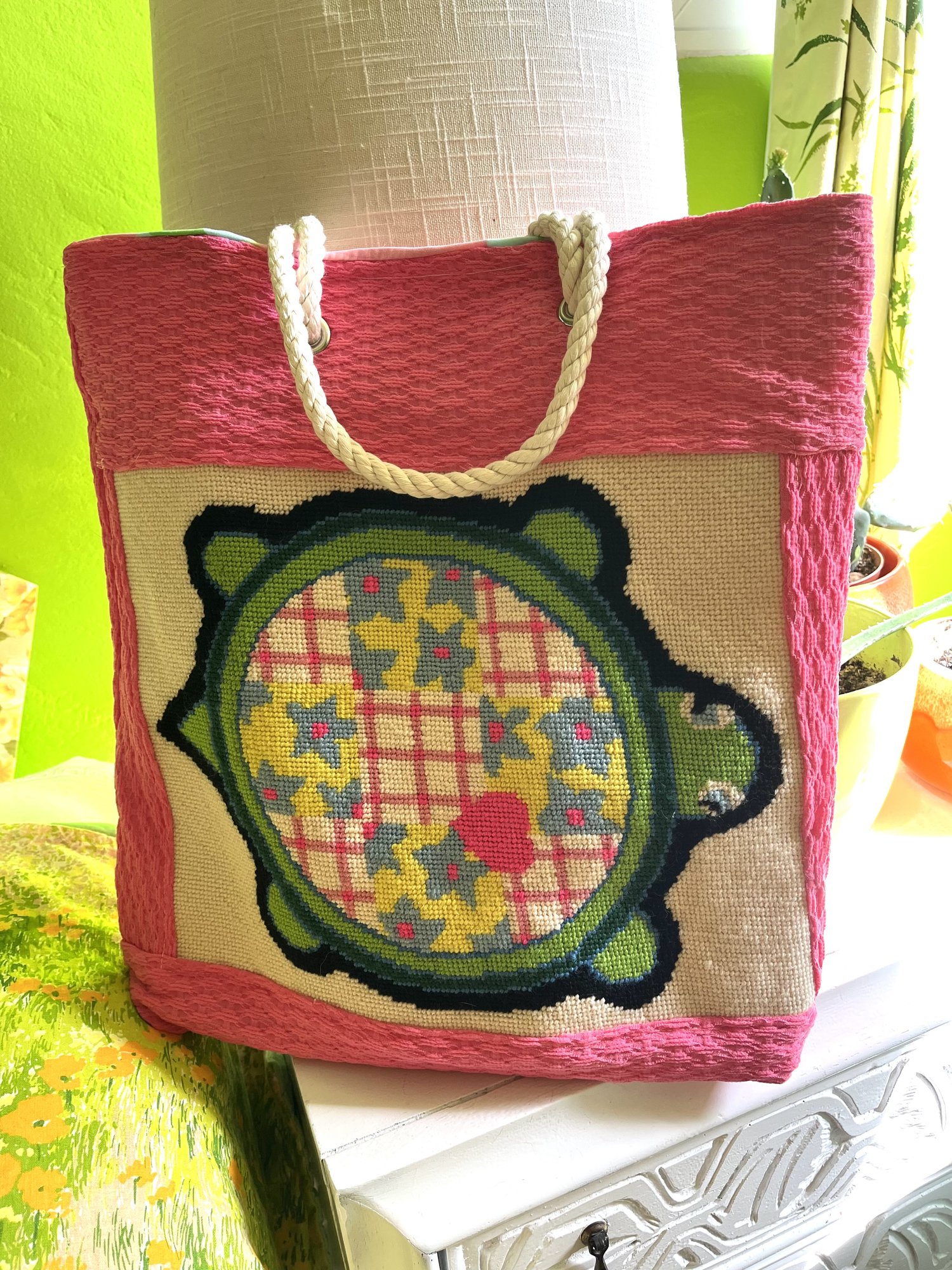 Chelle Summer vintage turtle needlepoint tote bag — Chelle Summer