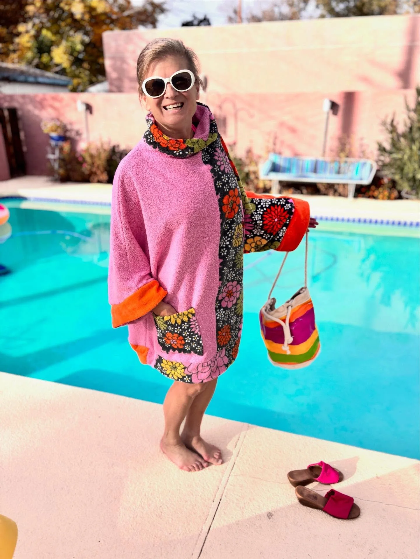 Getting ready to head back to Palm Springs for next Sunday&rsquo;s @psvintagemarket. New towel coverups made with a mix of vintage and new towels/terrycloth, including this one, straight ahead. The bucket bag was very early Chelle Summer- I tried col