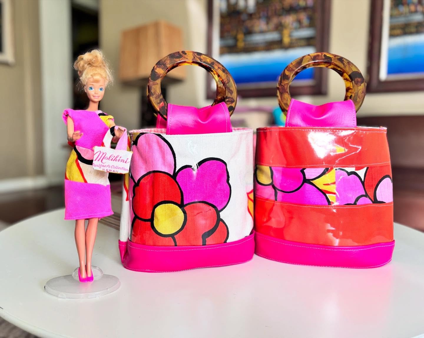 Chasing the January blues away with pink! Both handbags as well as Barbie&rsquo;s dress were created using the left over pieces from a handbag I created last year using a vintage Hawaiian dress that @zimboretro had given me at @psvintagemarket. The b