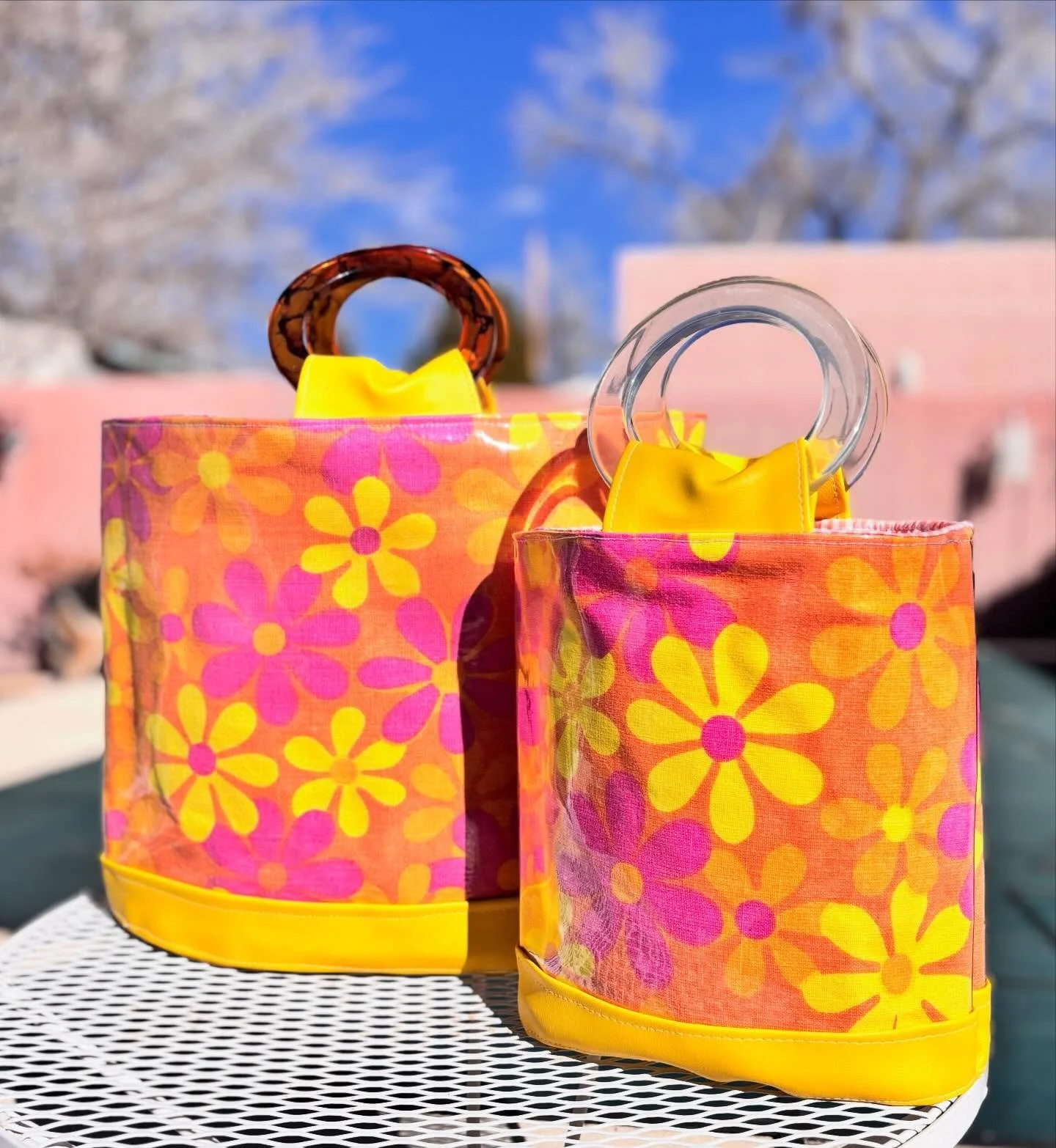 I&rsquo;m taking a quick break from my Chelle Summer whirlwind to share these fun handbags created from a vintage tablecloth that I got from @zimboretro. The flowers and colors are irresistible. I&rsquo;ll have them at @psvintagemarket on Sunday. #mo