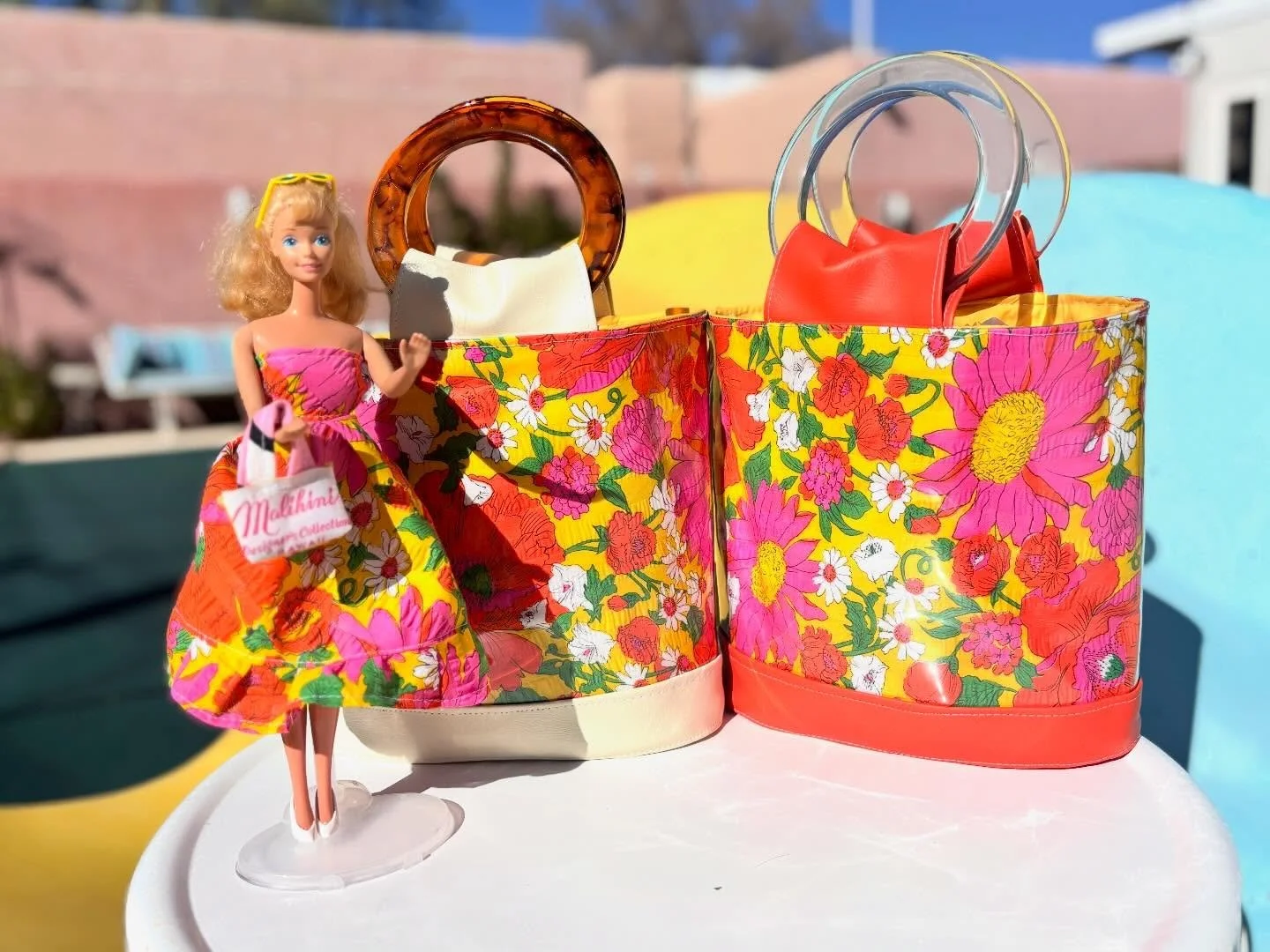 Happy birthday, Barbie! Shhh, she&rsquo;s 67 today, but she&rsquo;s celebrating with a new dress and these handbags made from an unfinished vintage dress @eschvintage found along with extra fabric pieces. Find the handbags at www.chellesummer.com. #b