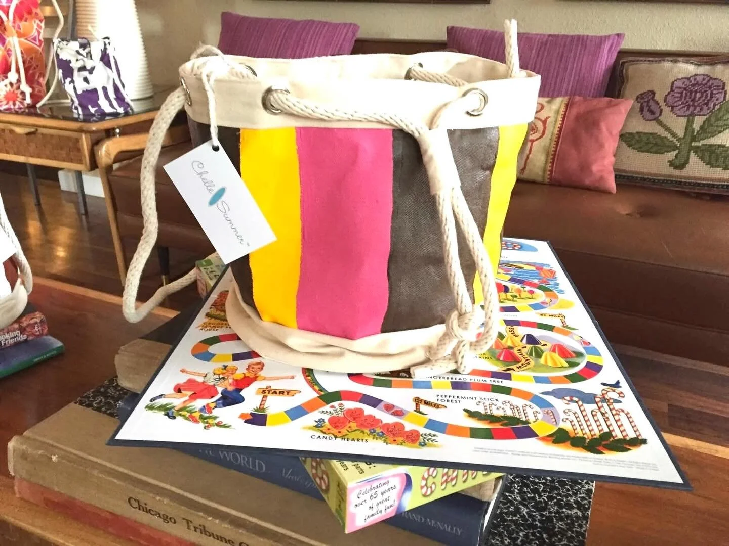 From the Chelle Summer archive&ndash; I stumbled on this a bit ago and then saw it was taken ten years ago today. The Candyland Bucket Bag with hand painted stripes. Sadly, Lilly, our German Shepherd, was only about a year old and ate half of it whil