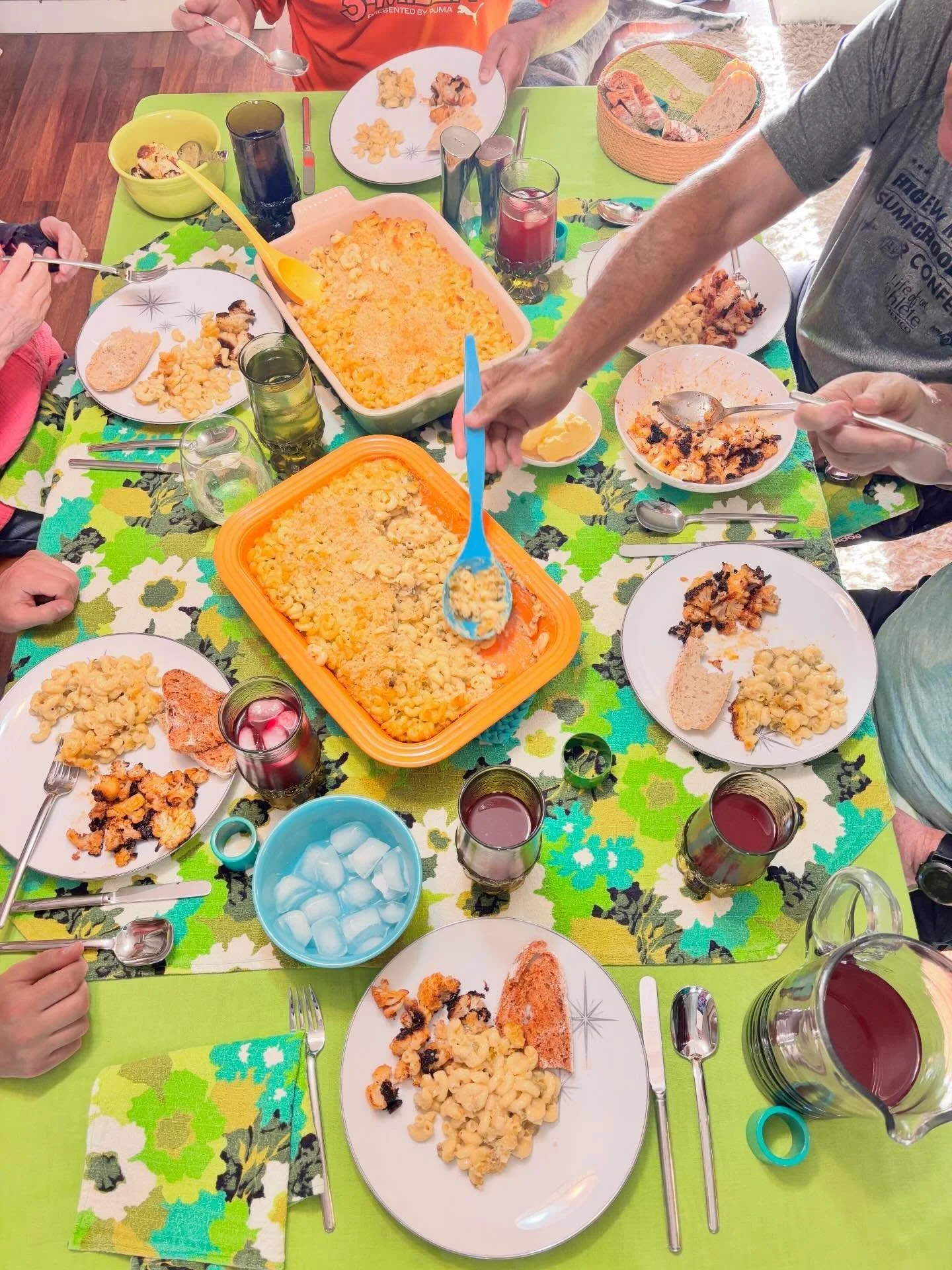 Last night we feasted on green chile mac and cheese, red chile bread, chipotle cauliflower, and prickly pear lemonade. We topped off the meal with banana cake and coffee and prickly pear ice cream. We also ate between splashdown and the time when the