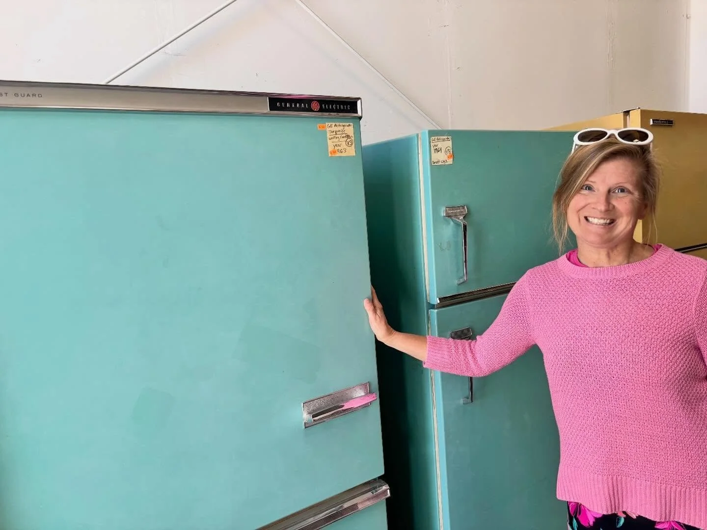 Fun finds at a prop warehouse sale today&ndash; I always think of Hazel and the season she got a new kitchen including turquoise appliances. The fiberglass umbrellas would cover half my pool, but I came home with a floral brown one with fringe to tur