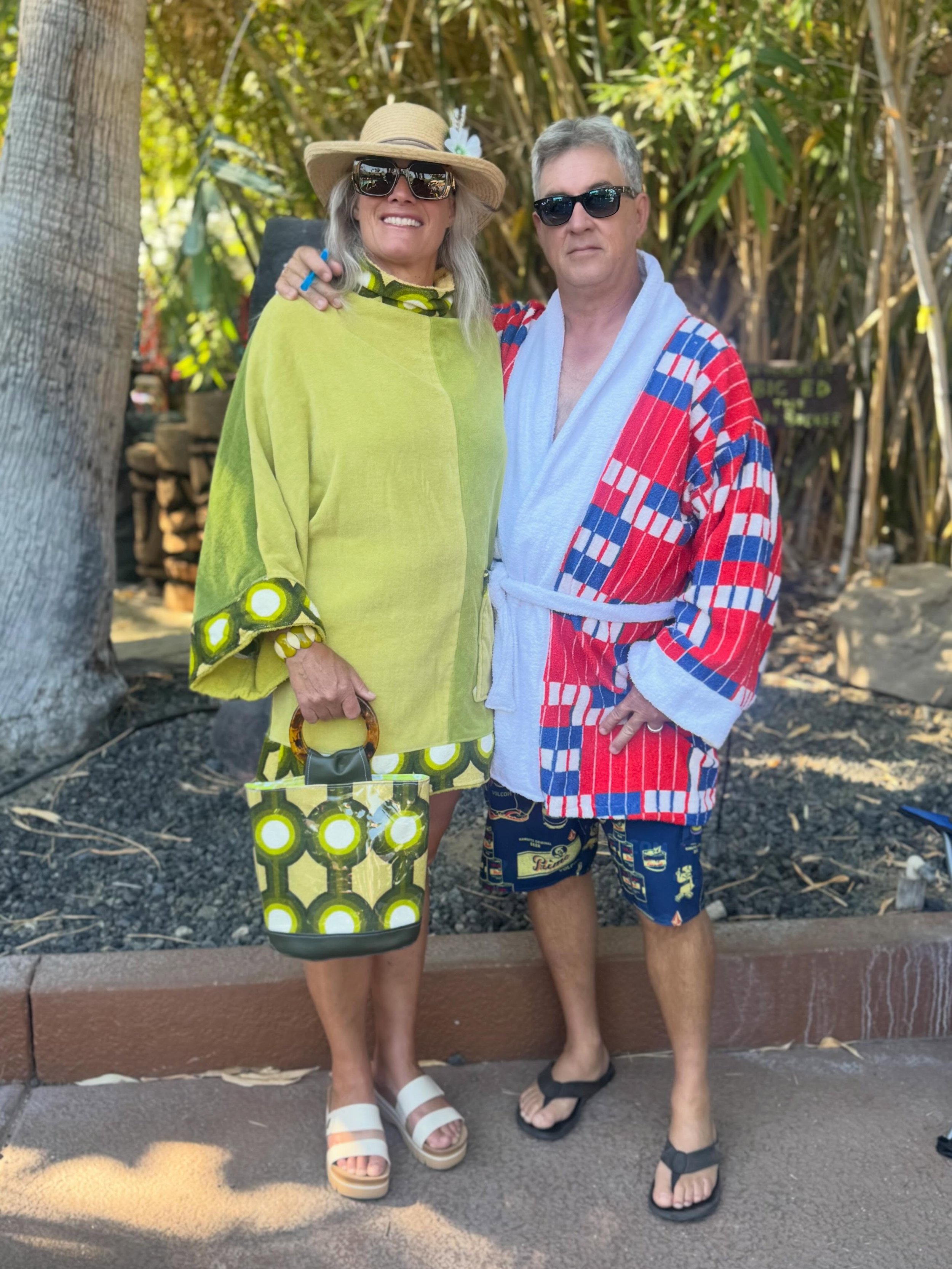 Taken at a recent Tiki event in Palm Springs, Reata and Paul sporting their Chelle Summer poolside wear. I made Paul&rsquo;s pool robe and Reata&rsquo;s cover up and handbag, all three items created using vintage terrycloth. The green geometric print