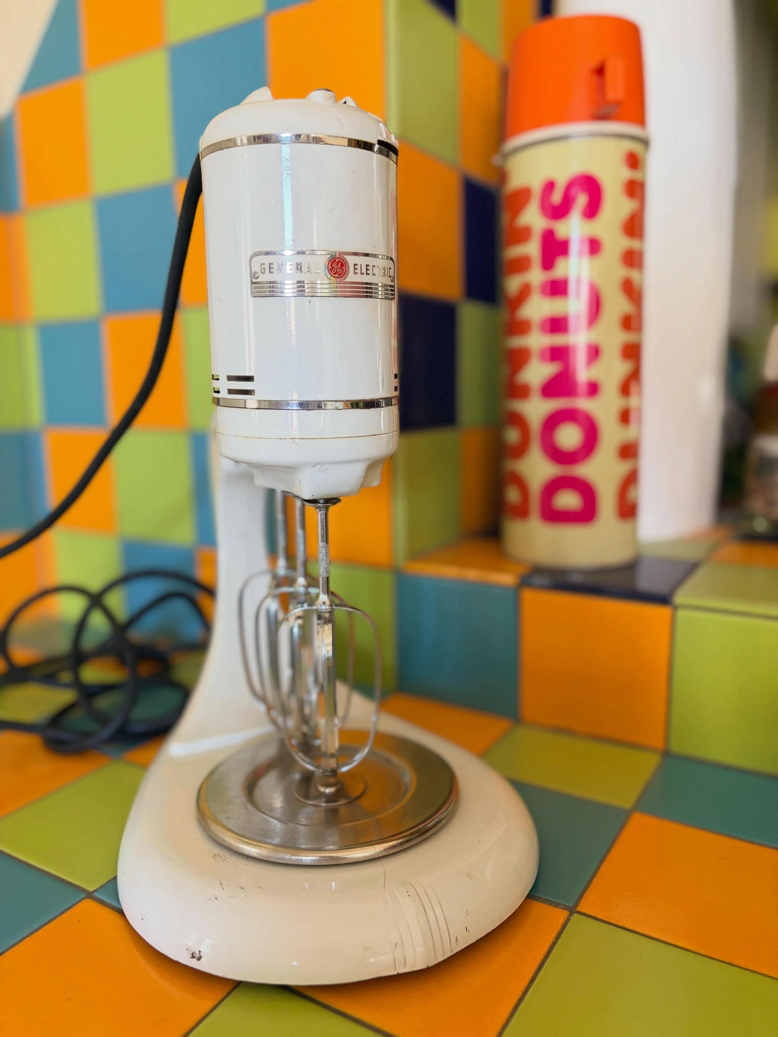 I admit it was a little strange to go to an estate sale with Greg this morning and not get into the car and drive 700 miles somewhere. We came home with this 1930s? 1940s? General Electric mixer&ndash; three beaters, and a little light that works whe