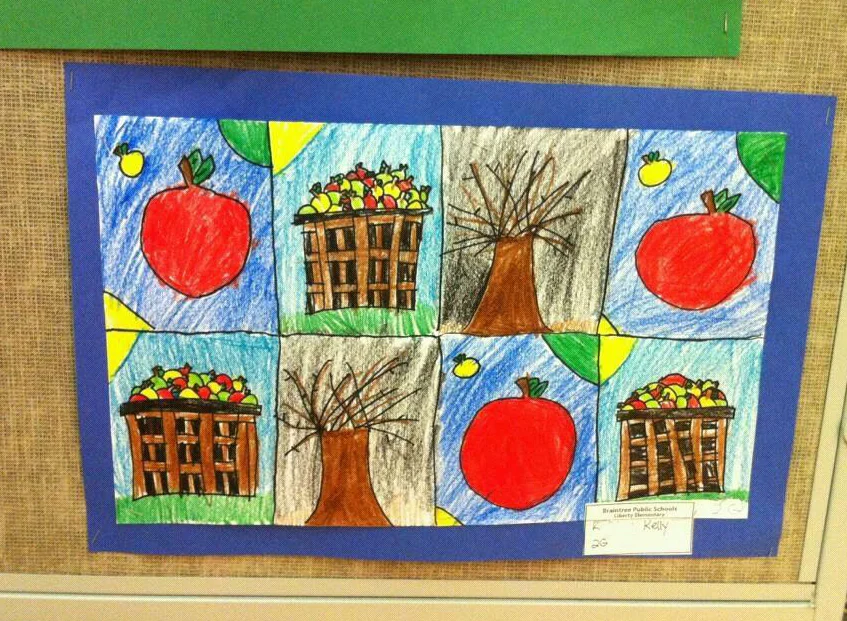 If you know me you know that nothing makes me happier than kids enjoying and creating art. So you can only imagine my reaction when this little gem appeared in my inbox.
A good friend, and star 2nd grader K. Kelly created this piece at school that was so well received that it appeared in a VERY special exhibition!
Also, who doesn’t love images of Autumn rendered in crayon?
