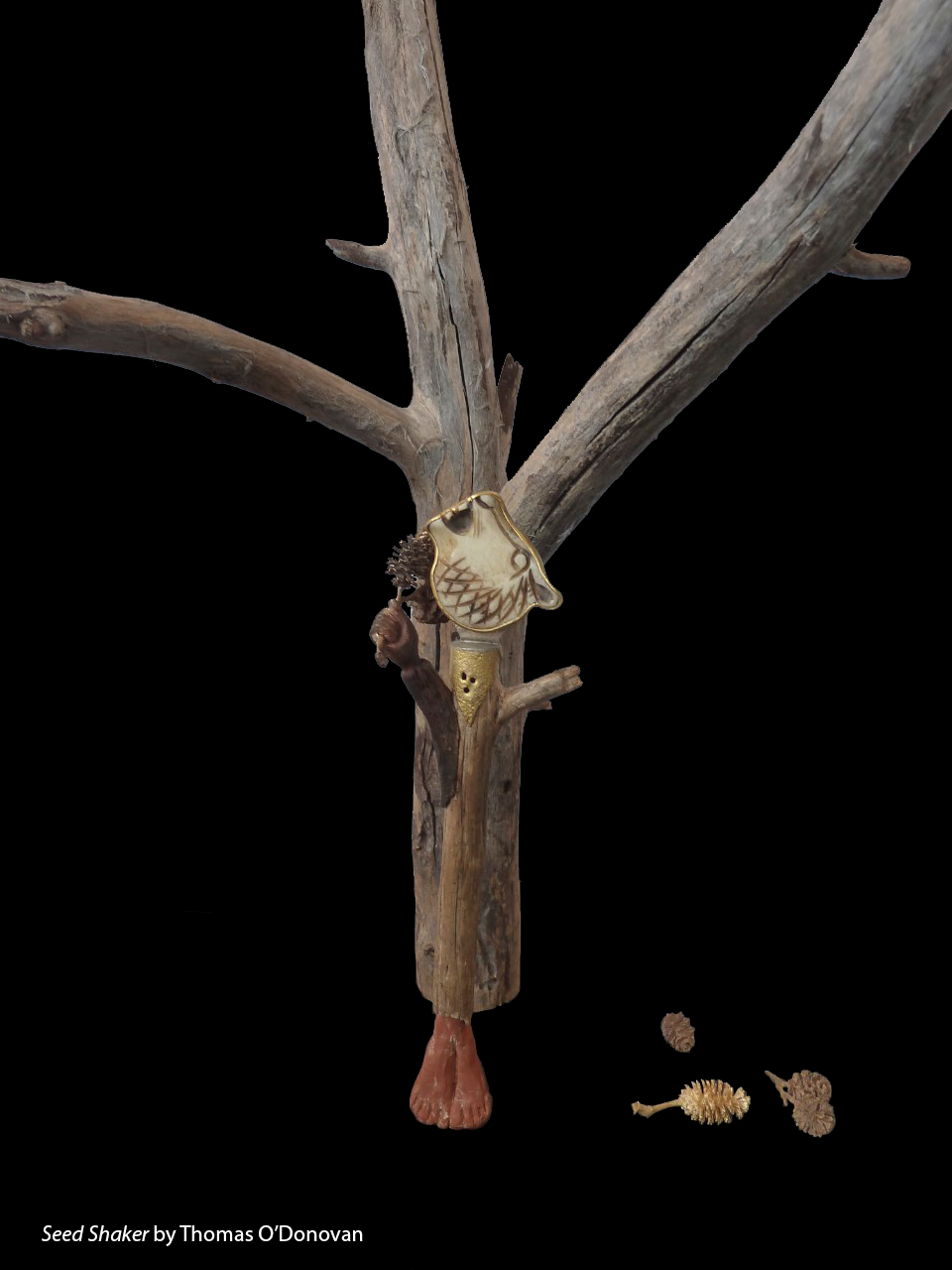 Seed Shaker , sculpture by Thomas O'Donovan, Wood, bronze, 22k yellow gold, sterling silver, terra-cotta, African stone carving. $7,500.