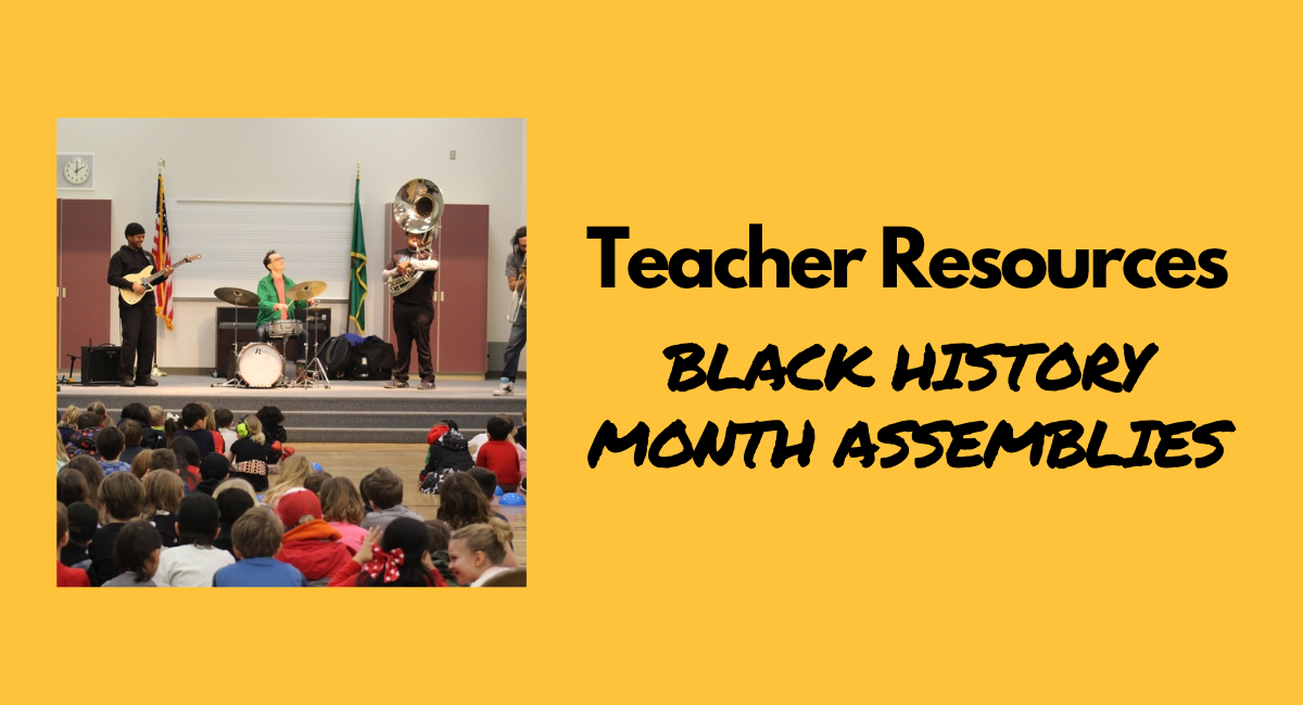 yellow rectangle with a photo of a black history month assembly on the left and "Teacher Resources, Black History Month Assemblies" on the right