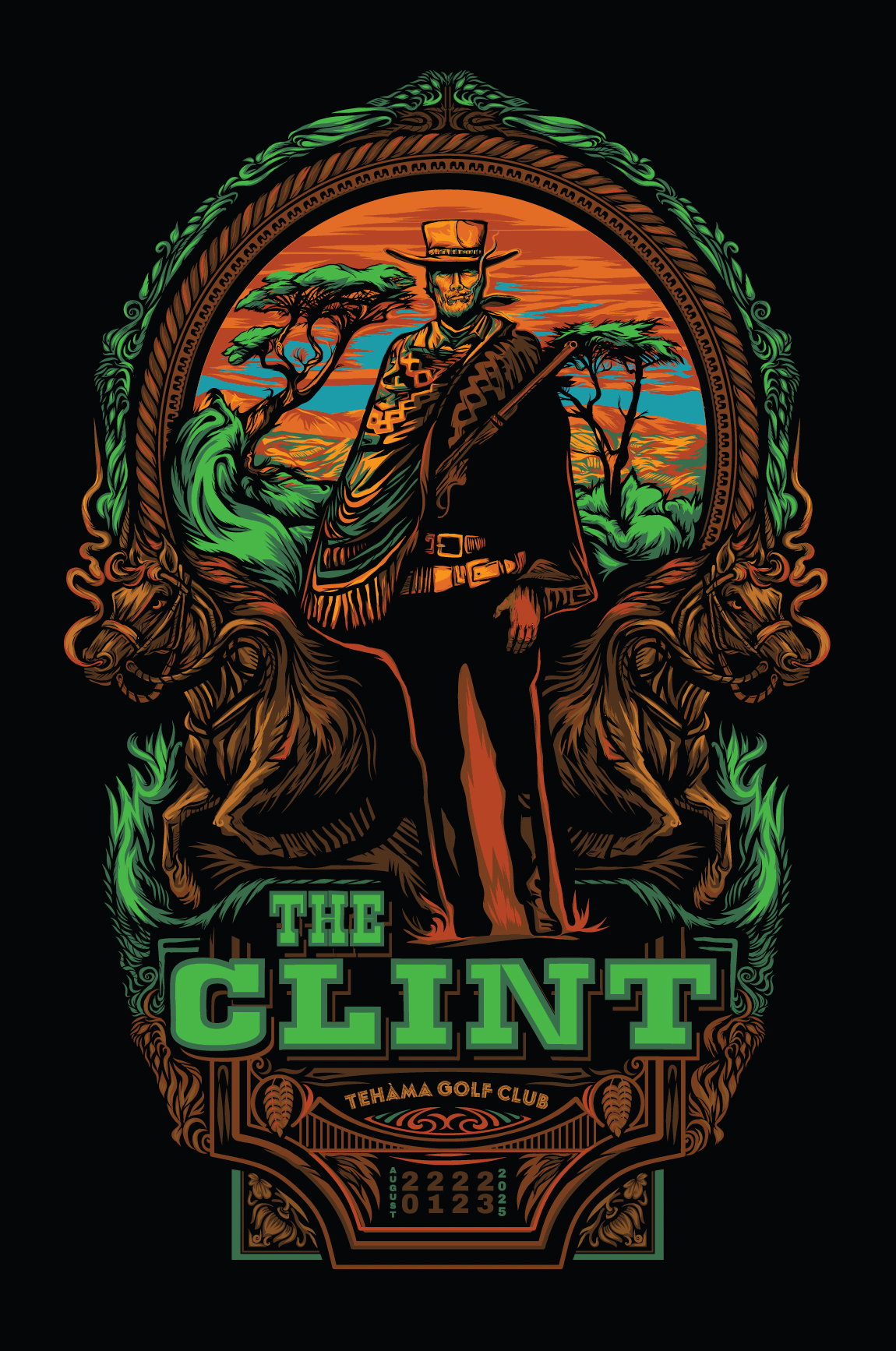 A stylized graphic poster featuring a cowboy with a hat and rifle standing in front of a sunset landscape with trees. It includes decorative elements resembling horse heads and foliage, and text that reads 'The Clint,' 'Tehama Golf Club,' and dates from August 2022 to 2025.