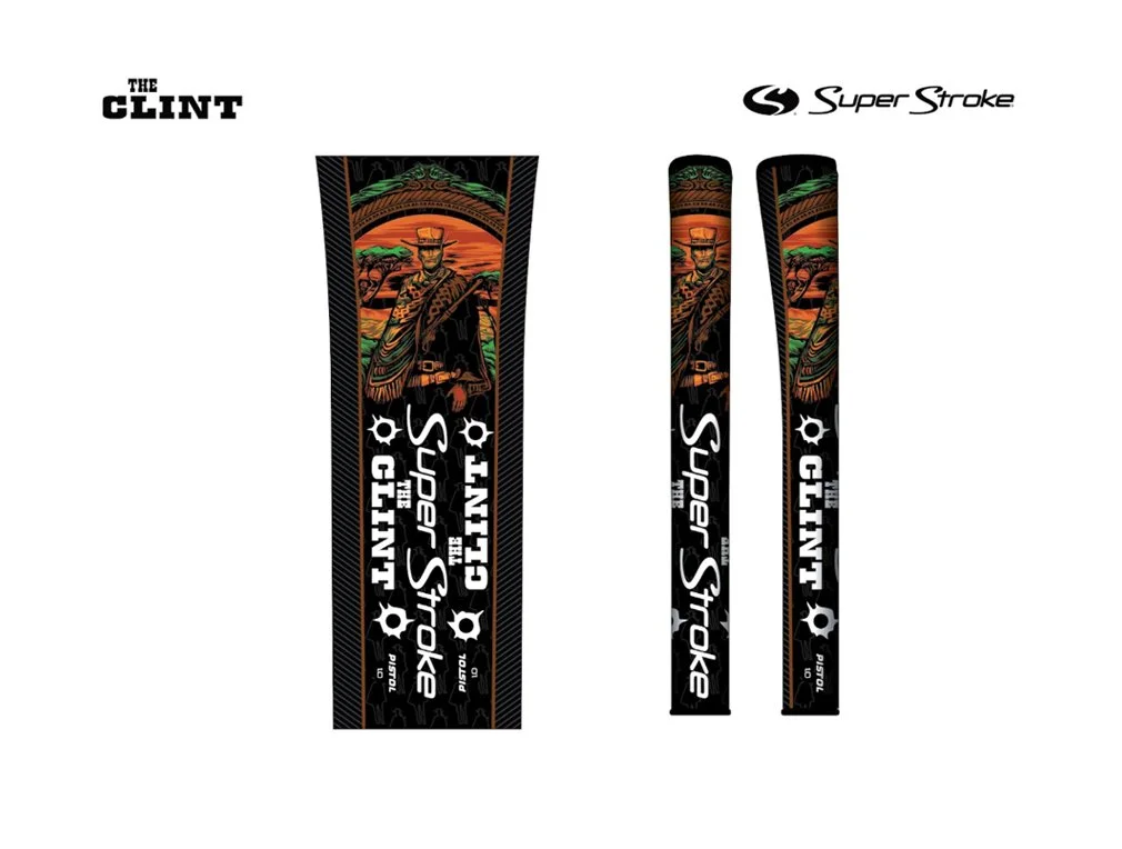 Colorful riding crop with graphic design featuring a cowboy figure and the text 'Super Stroke', 'The Clint'.