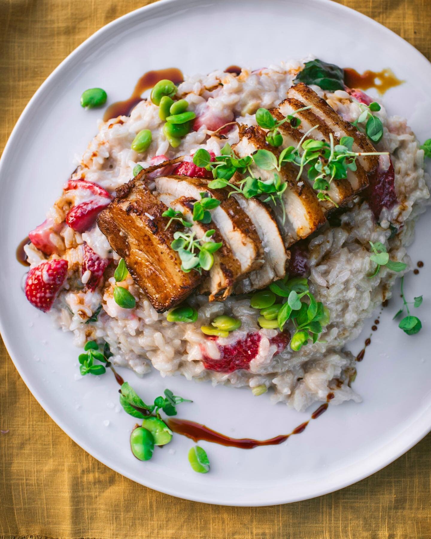 On the eve of our full moon dinner tomorrow, a look back to a dish from our Strawberry Moon gathering, featuring @ungerfarms strawberries, of course. Sticky slices of strawberry balsamic glazed pork belly served over an unusual strawberry risotto wit