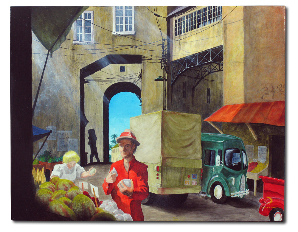Open Air Market at Thoringa, oil on wood, 19×24″