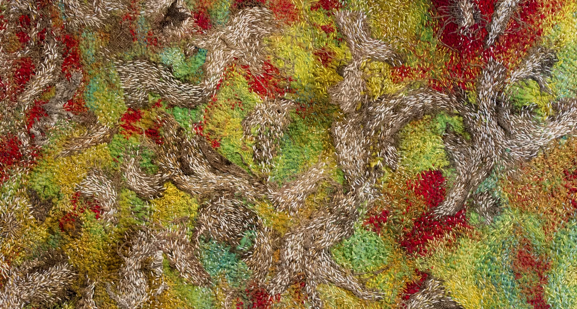 Renewal, detailed 29” x 40” Hand-dyed silk, cast-off burlap, cotton batting, embroidery floss, thread, seed beads