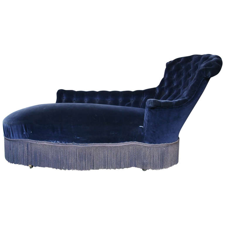 French 19th C Chaise Longue In Blue Velvet 145 Antiques - Velvet Chaise Lounge Antique French 19th C Chaise Longue In Blue Velvet 145 Antiques - Velvet Chaise Lounge Antique