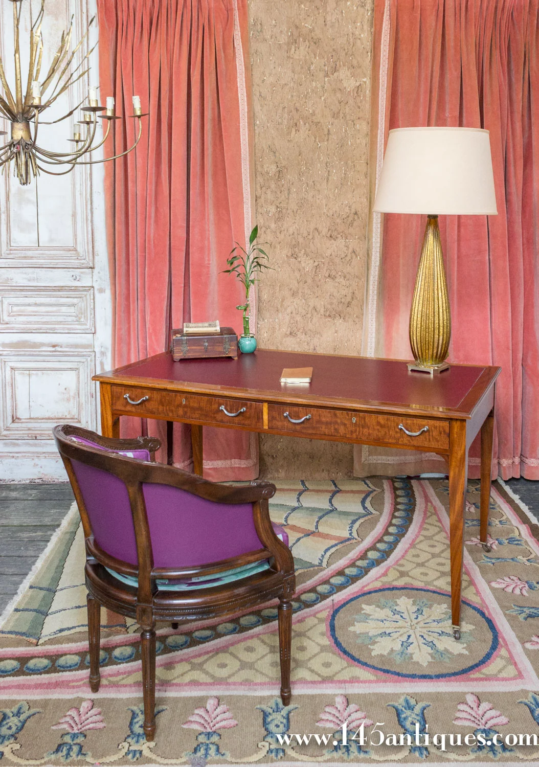 Early 20th Century French Mahogany Desk with Aubergine Leather Top  (FD1011-02)