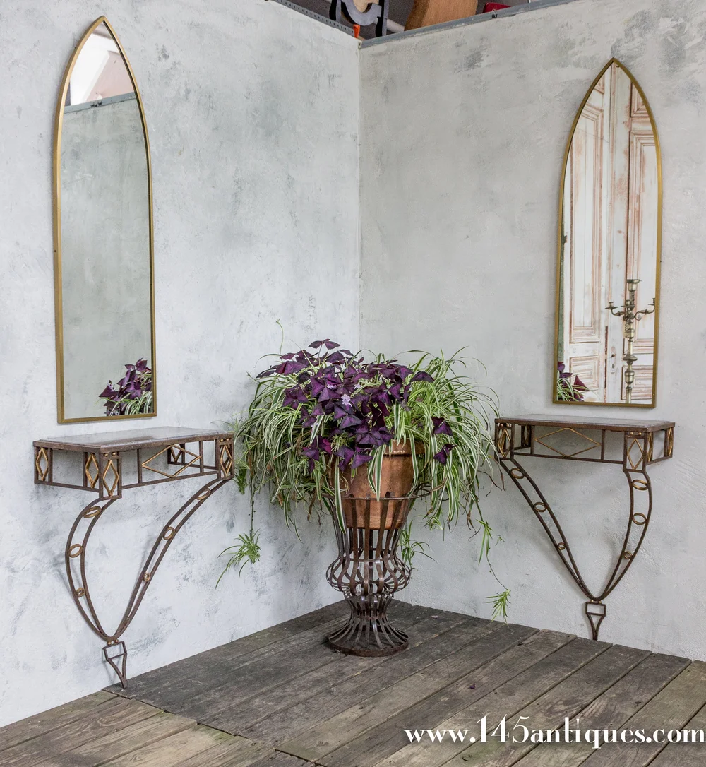 Pair Of Art Deco Iron Marble Wall Mounted Consoles 145 Antiques