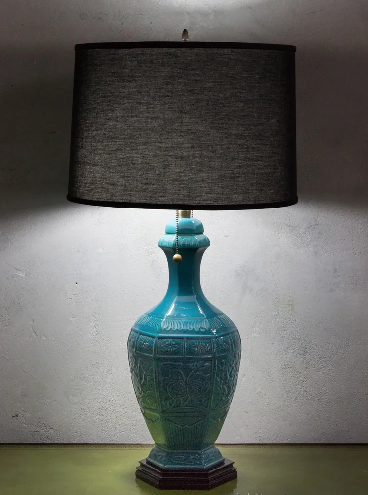 French 1940's Turquoise Ceramic Lamp with Asian Motif (LT1005-19