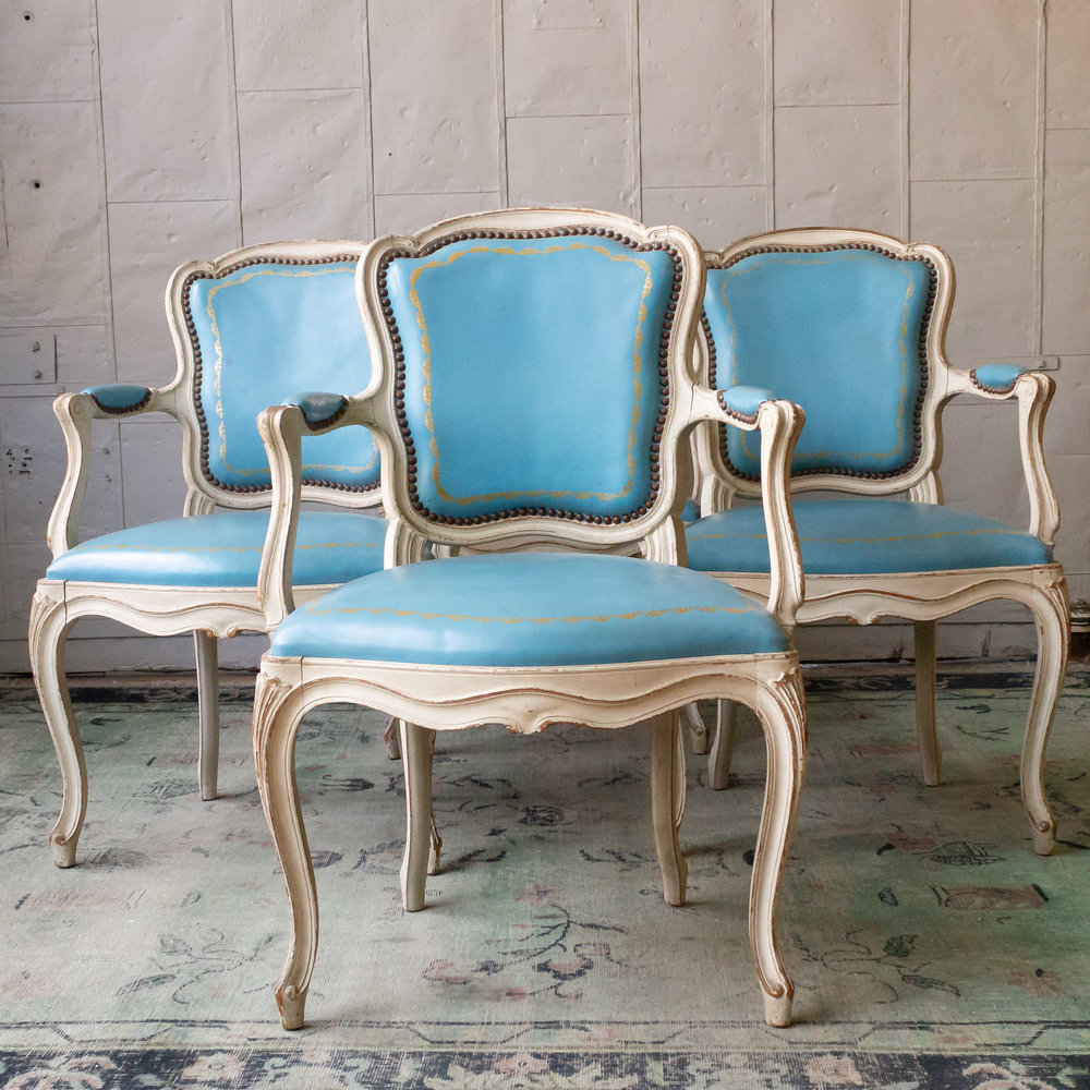 Set of 4 Louis XV Style Armchairs in Blue Leather (SN0918-01