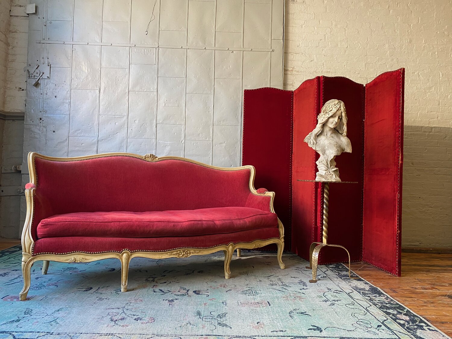 French Louis XV Style Settee in Red Velvet — 145 Antiques