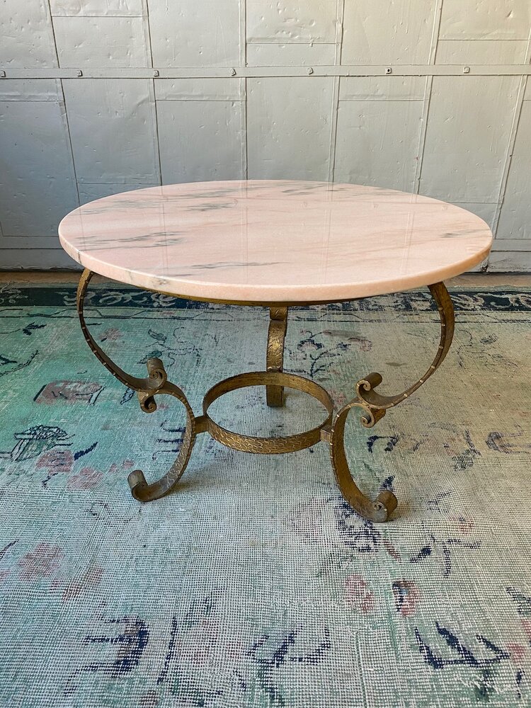 Small Round Gilt Metal Side Table With Pink Marble Top 145 Antiques Small Round Gilt Metal Side Table With, Antique Round Side Table With Marble Top