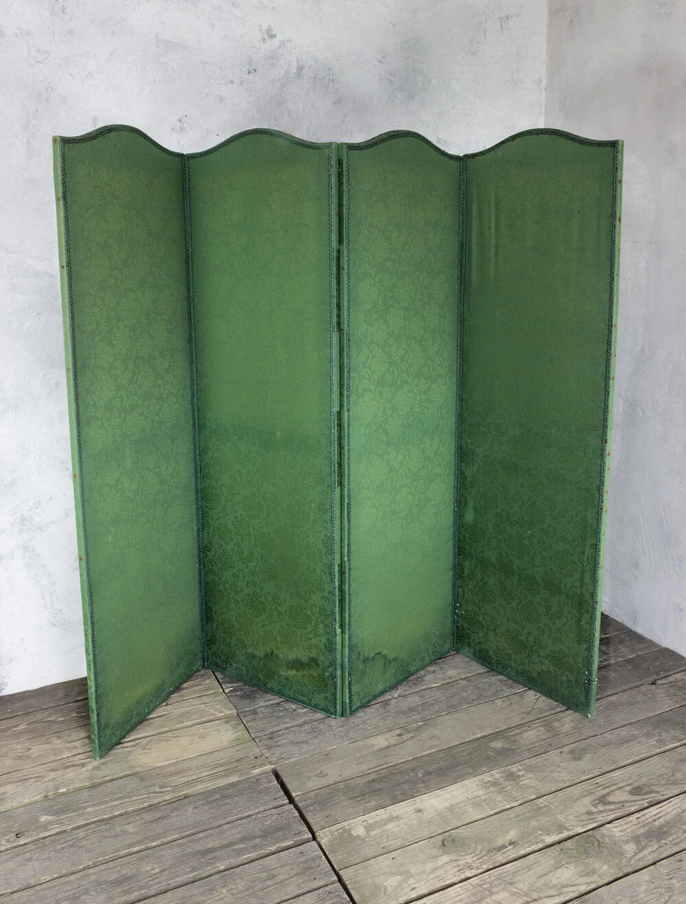French Four Panel Green Damask Screen with Blue Trim