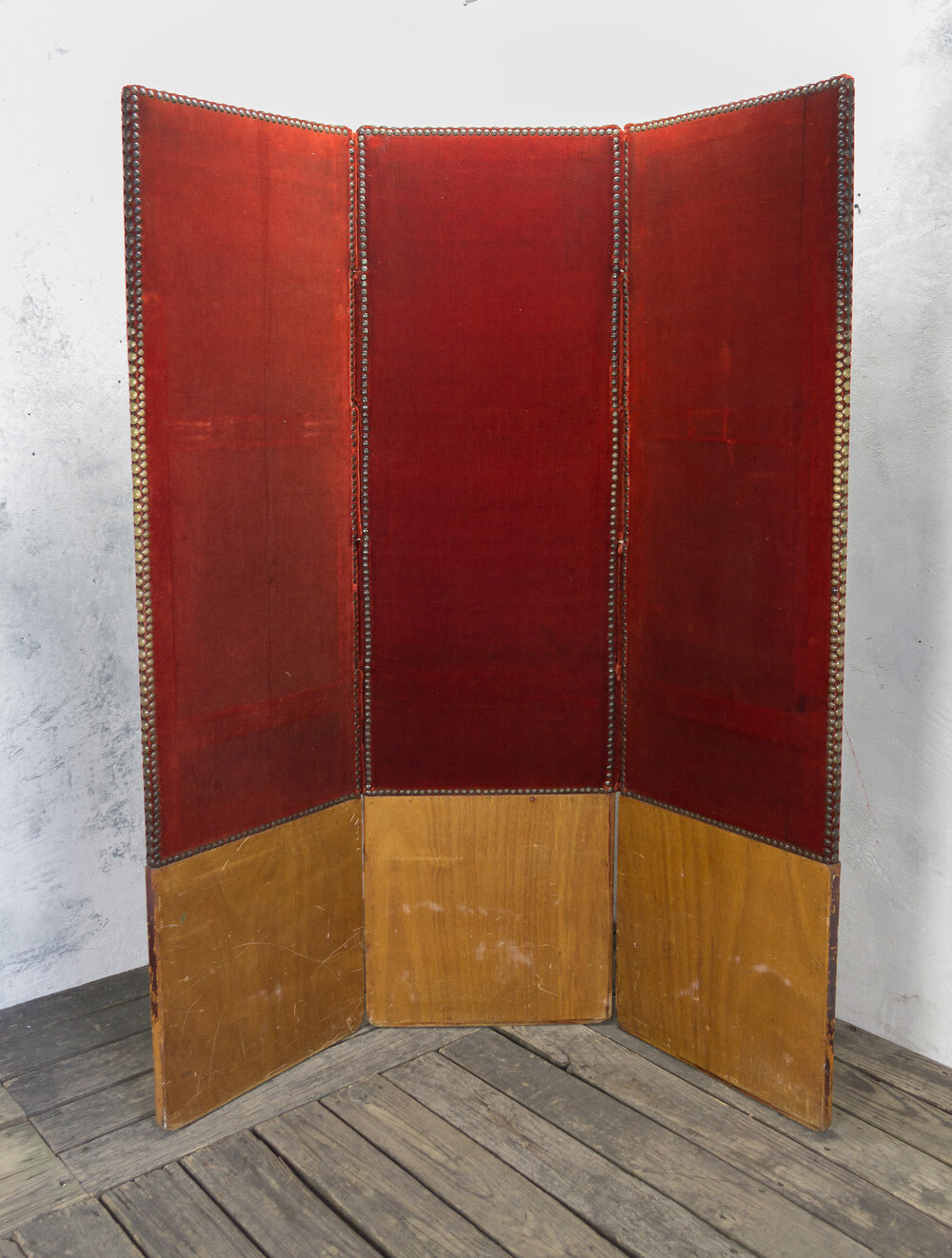 Red Velvet Three Paneled Folding Screen With Veneer