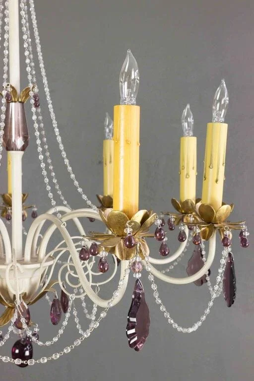1960's French White Metal Chandelier with Amethyst Color Glass  (LC0217-02)