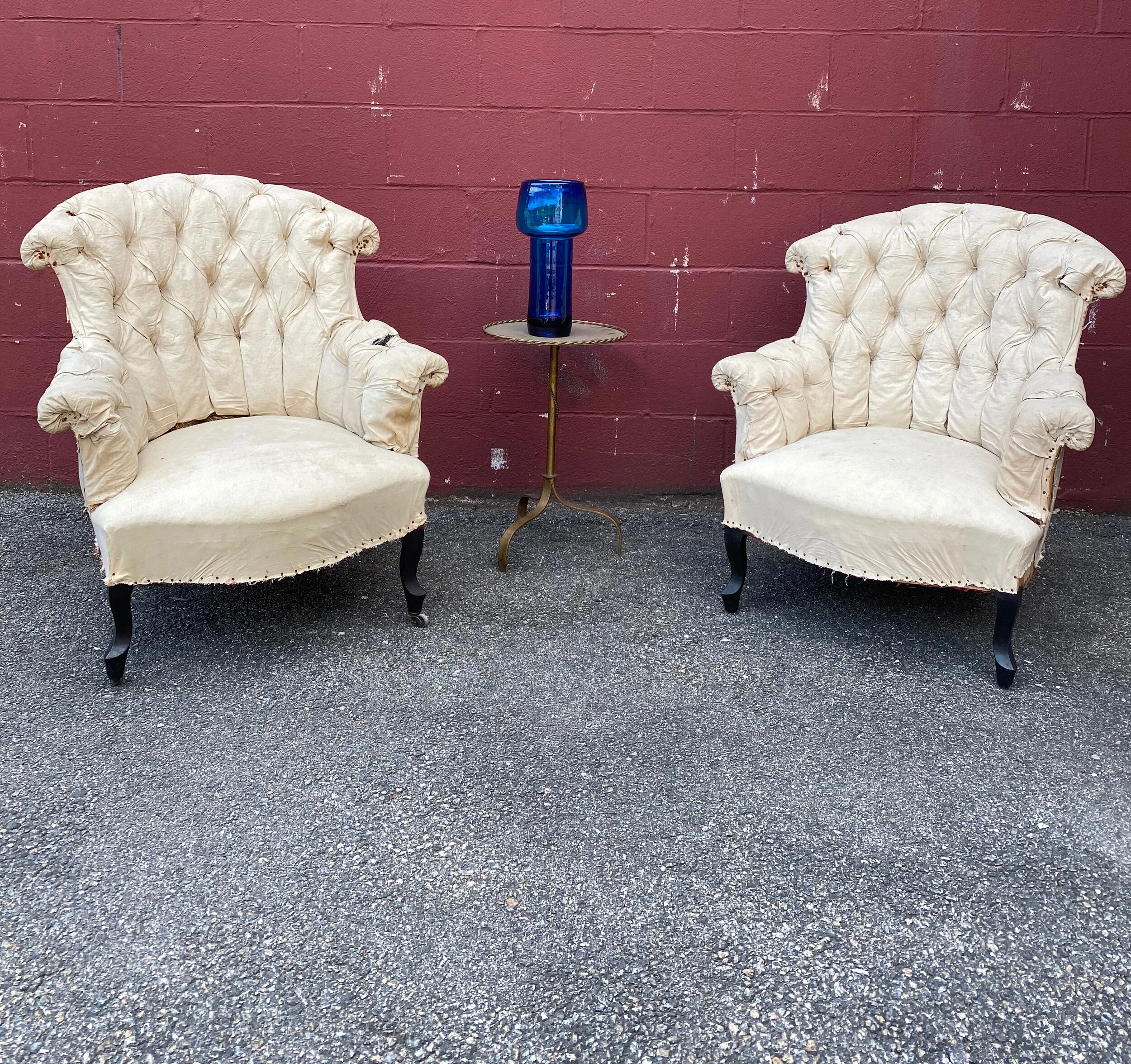 Pair of French 19th C. Tufted Armchairs in Muslin  (SNA1213-01)