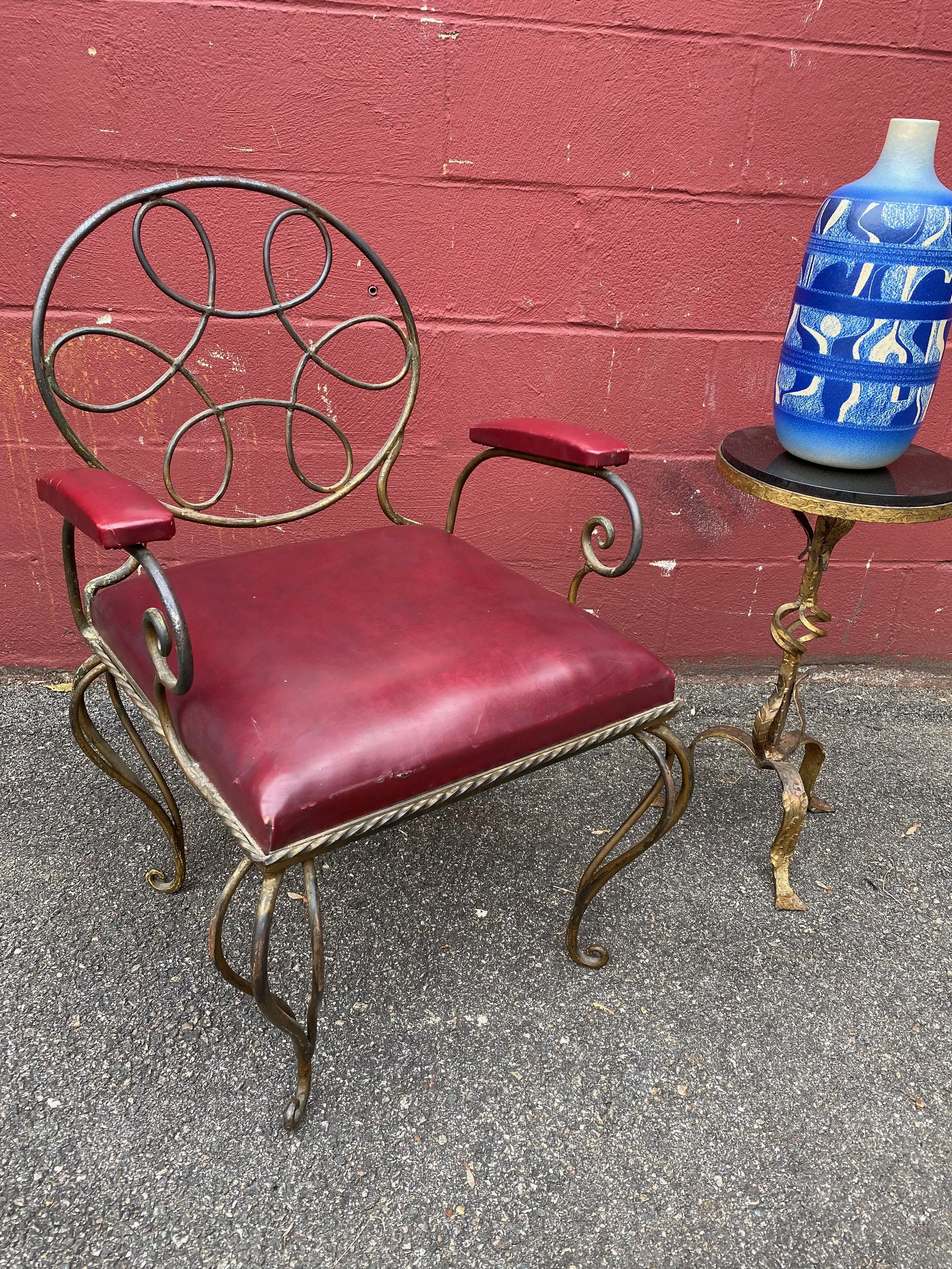 Ornate Wrought Iron Armchair in Oxblood Red Vinyl  (STA0614-01)