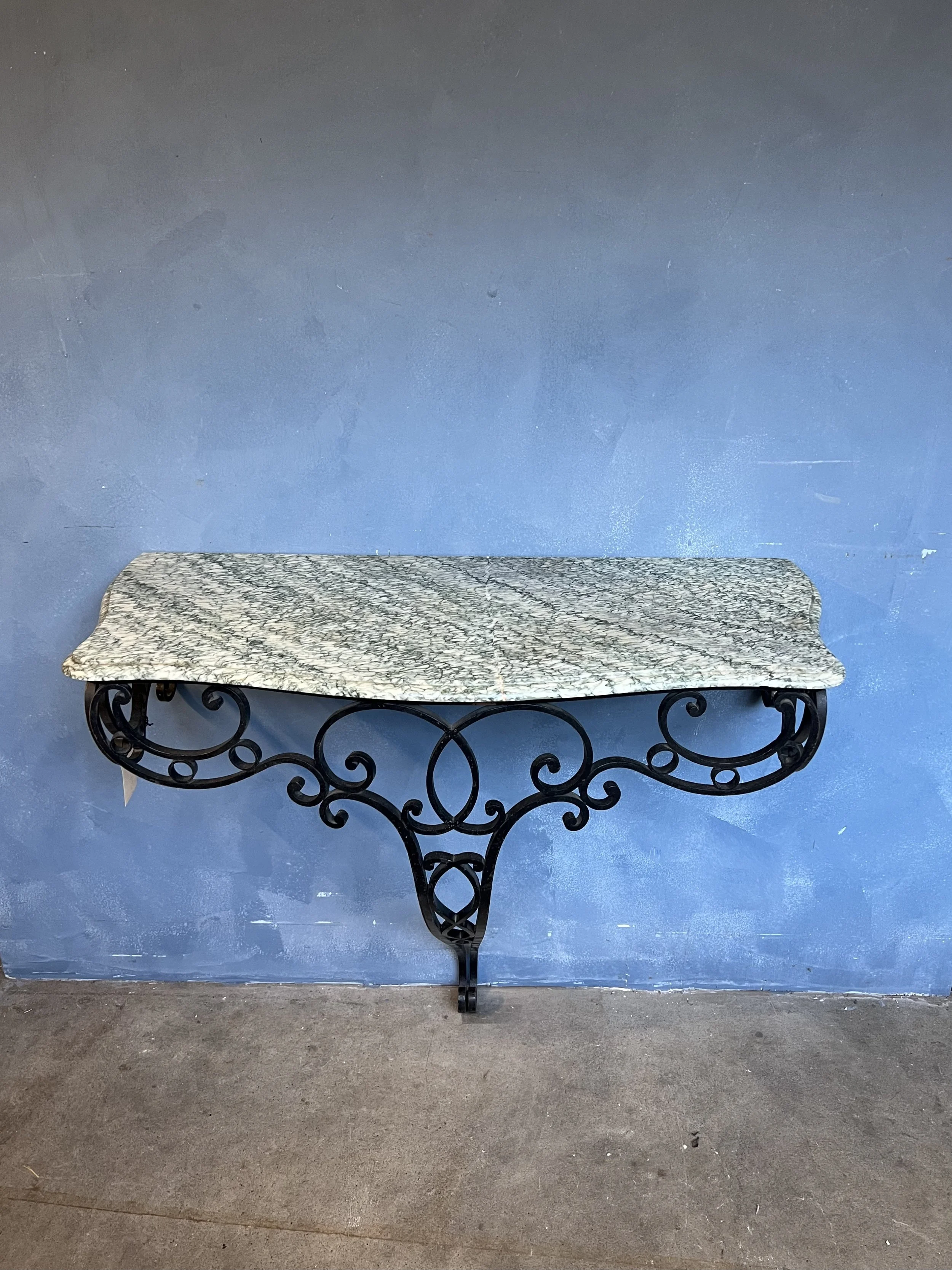 Early 20th Century French Wrought Iron Console Table with Shaped Green Marble Top(MT0504-05)