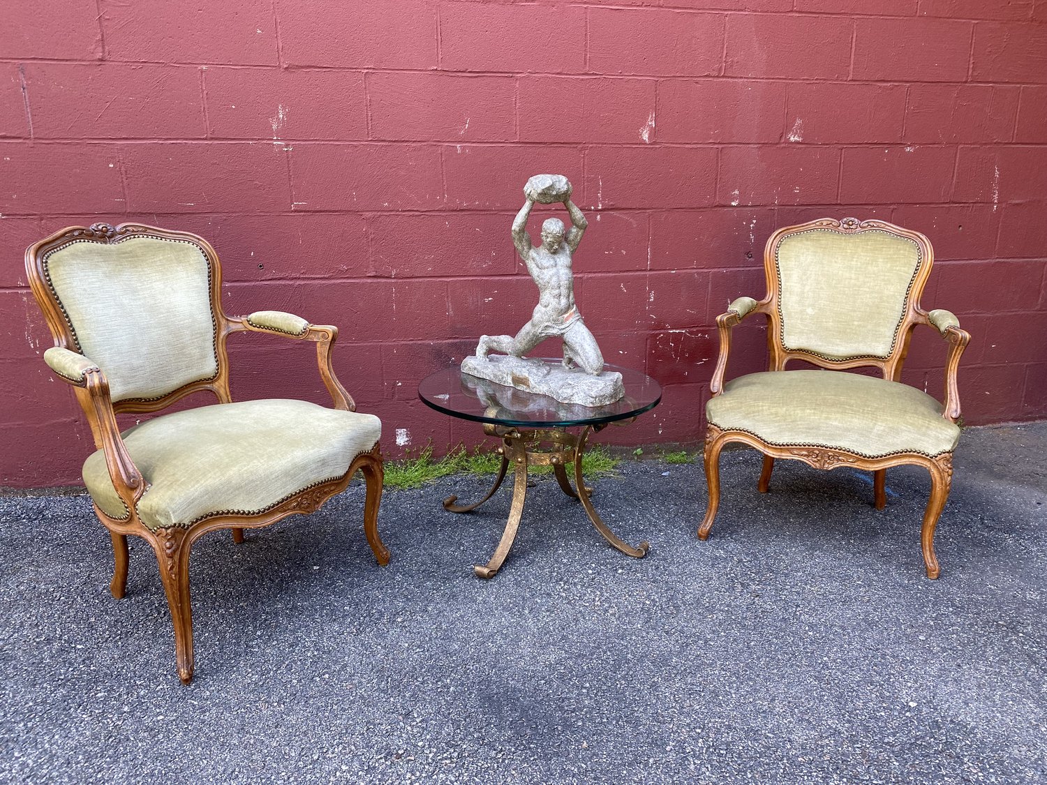 Antique pair of French Louis XV style side chairs.