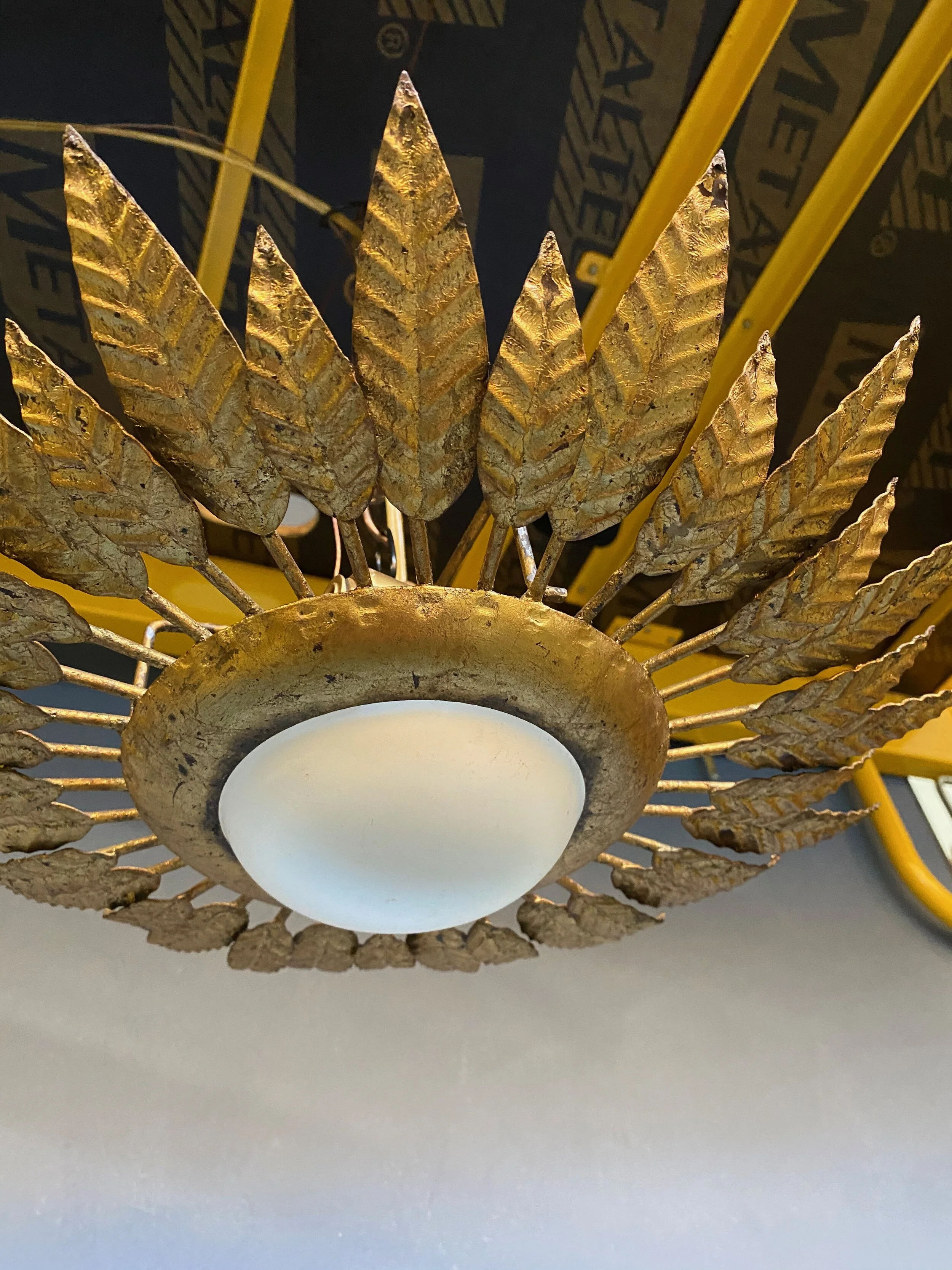 Spanish Gilt Metal Feathered Crown Ceiling Fixture with Opaline Globe  (LCF0320-15)