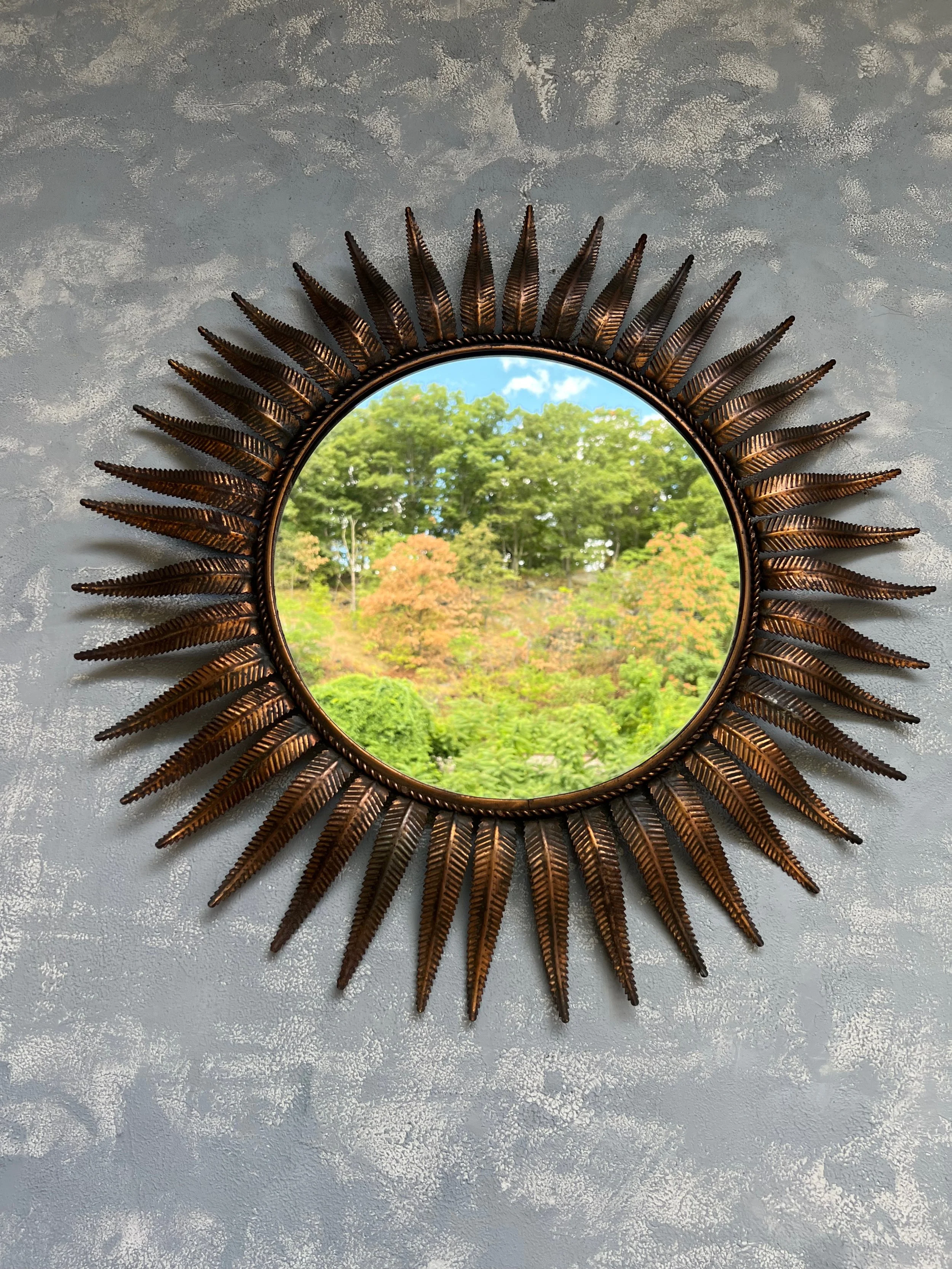Large Spanish Round Mid Century Modern Copper Plated Sunburst Mirror