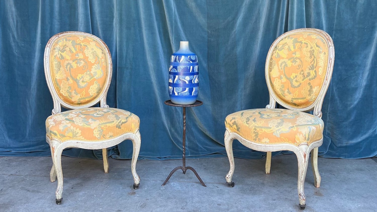 French 19th century Louis XV arm chair with blue upholstery.