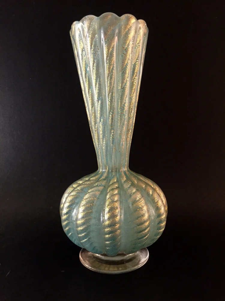 Barovier Ribbed Blue & Gold Murano Glass Vase — 145 Antiques