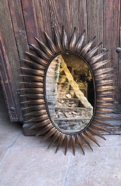Large Spanish 1950's Oval Copper Plated Sunburst Mirror  (DS1223-10)