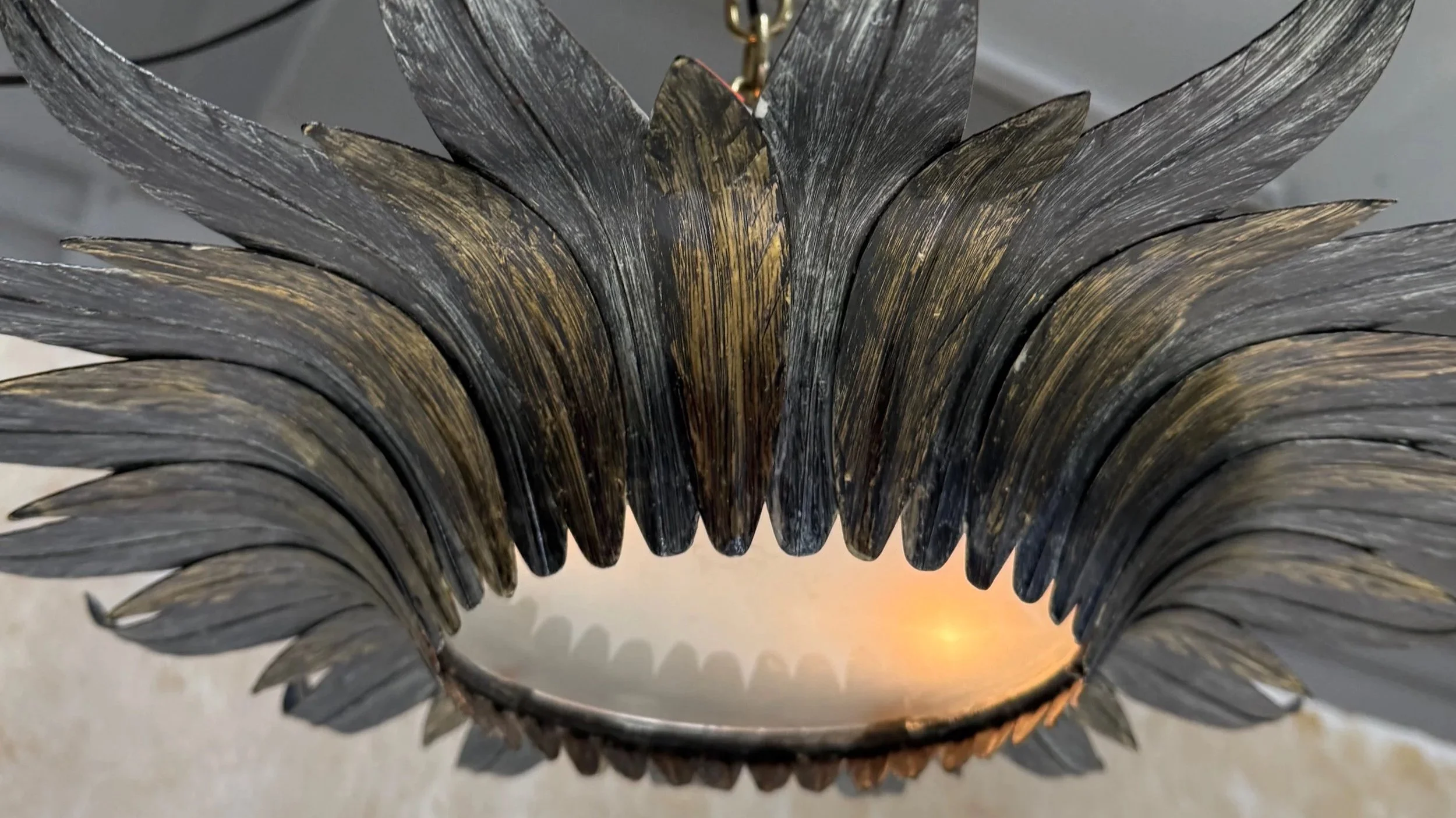 Spanish 1950s Sunburst Leaf Ceiling Fixture with Frosted Glass (LCF0625-02)