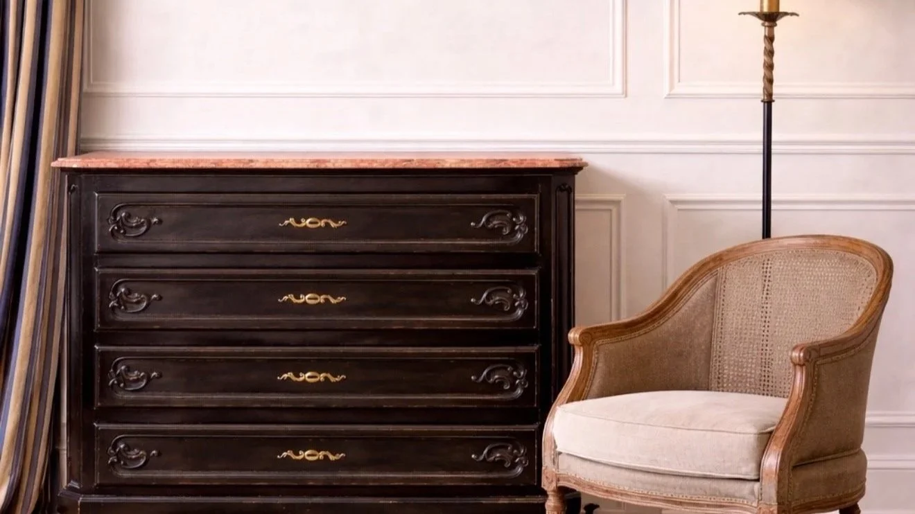 French Ebonized Chest of Drawers with Marble Top  (FC0222-01)