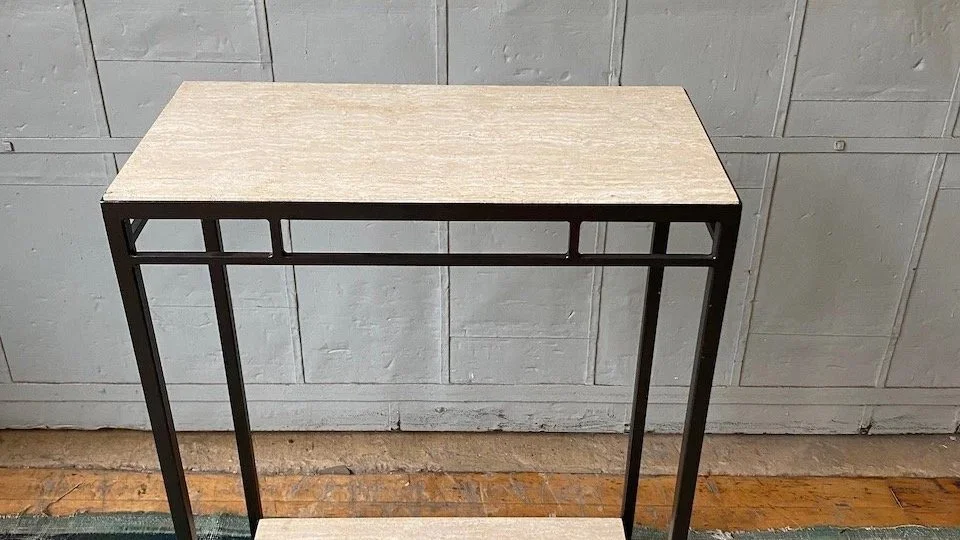 Custom Bronze Iron Console Table with Travertine Shelves (IMT501)