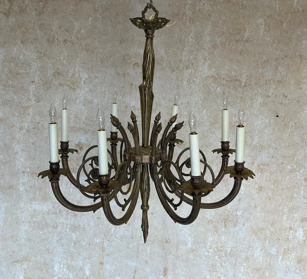 Art Deco Brass and Bronze French 1920's Eight Arm Chandelier