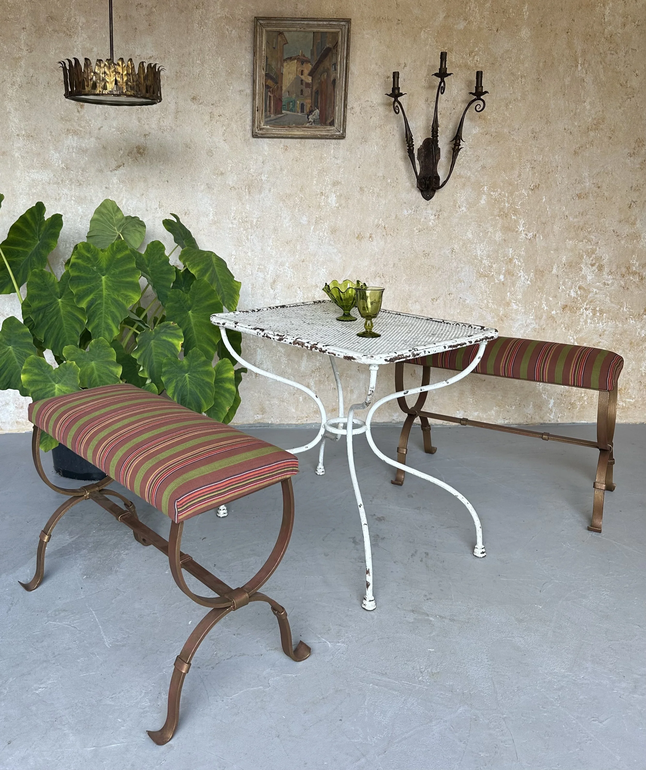 Pair of Spanish Gilt Iron Benches in Striped Fabric  (SGB1223-02)