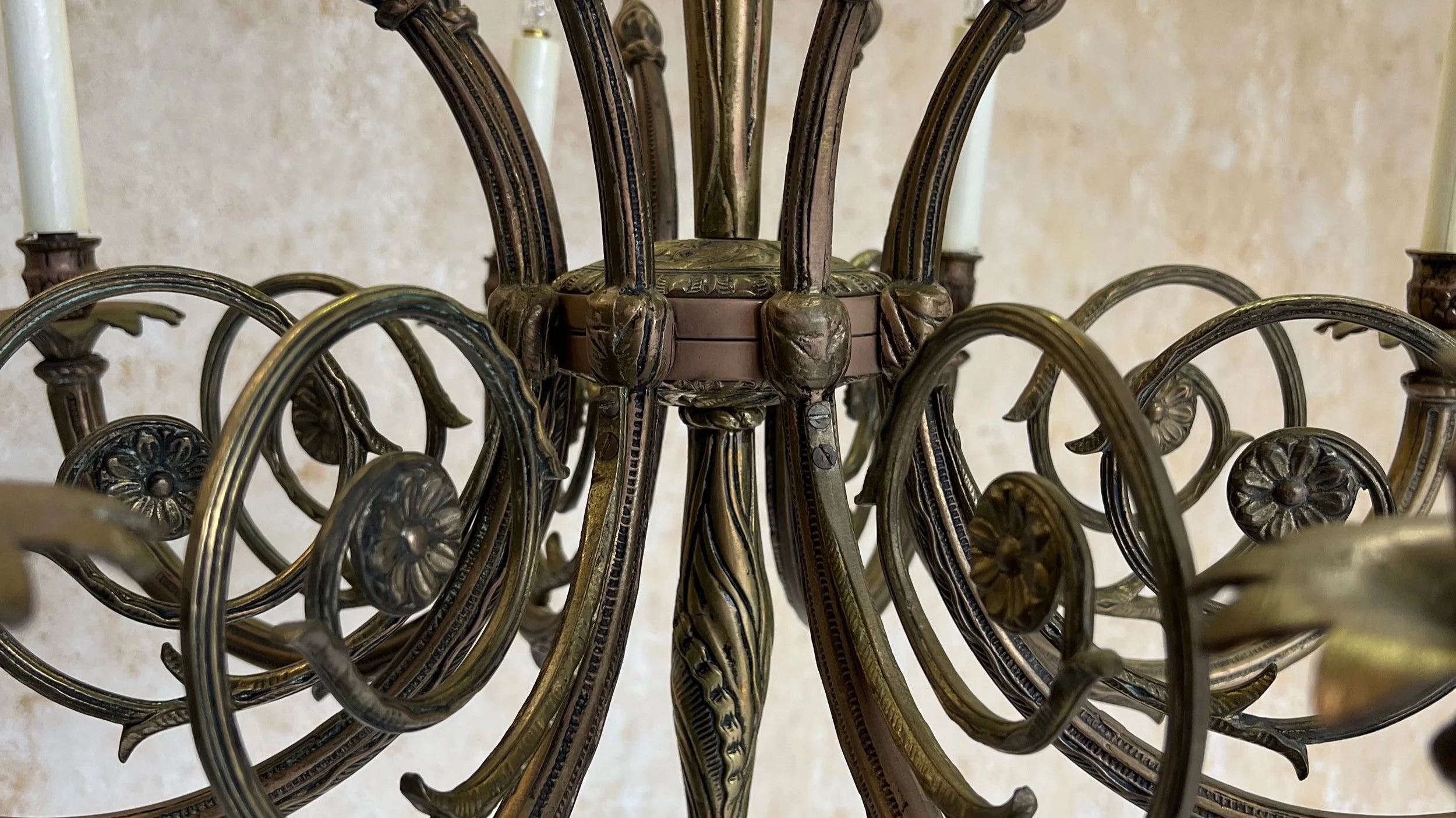 Art Deco Brass and Bronze French 1920's Eight Arm Chandelier  (LC0707-01)