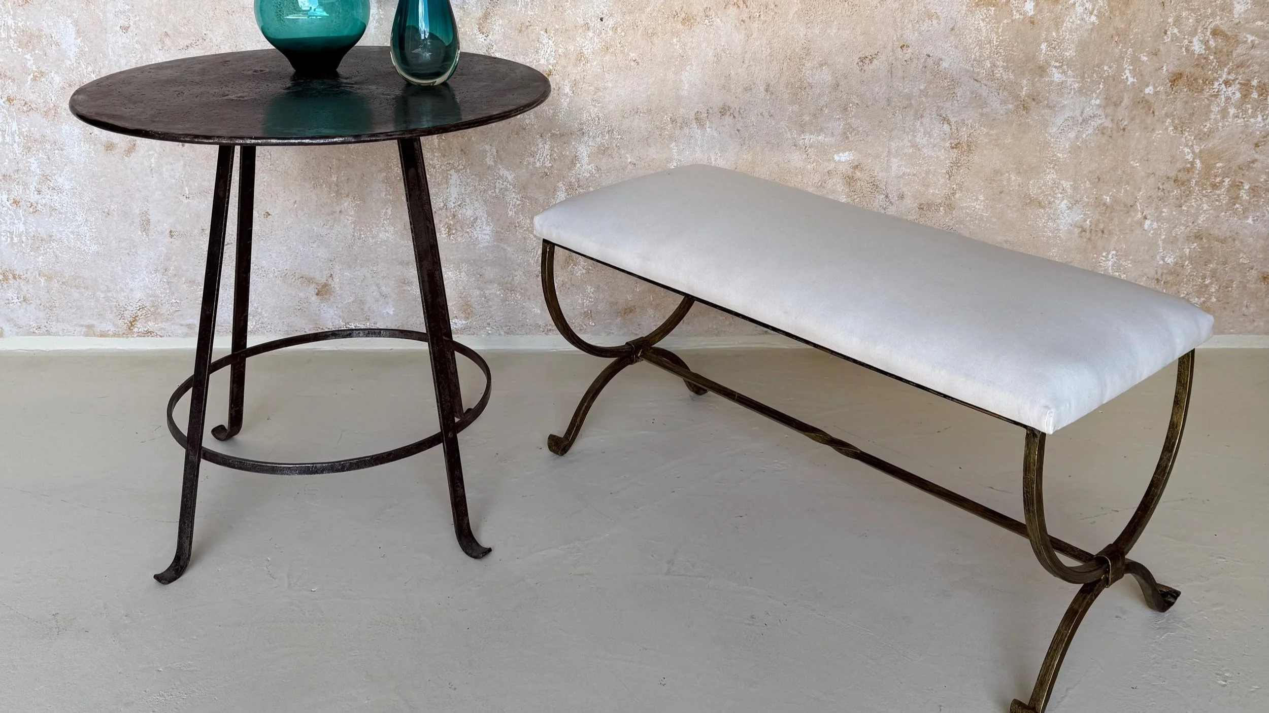Spanish Gilt Iron Bench with Scrolled Feet in Muslin  (SGB0225-03)