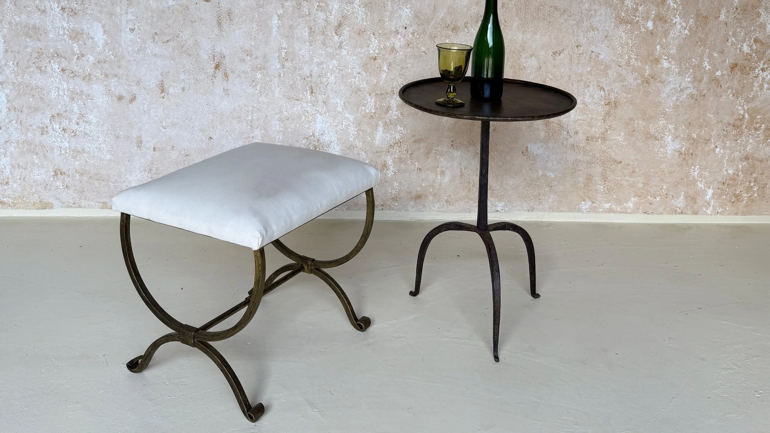 Small Hand Forged Spanish Gilt Iron Bench in Muslin  (SGB0225-04)