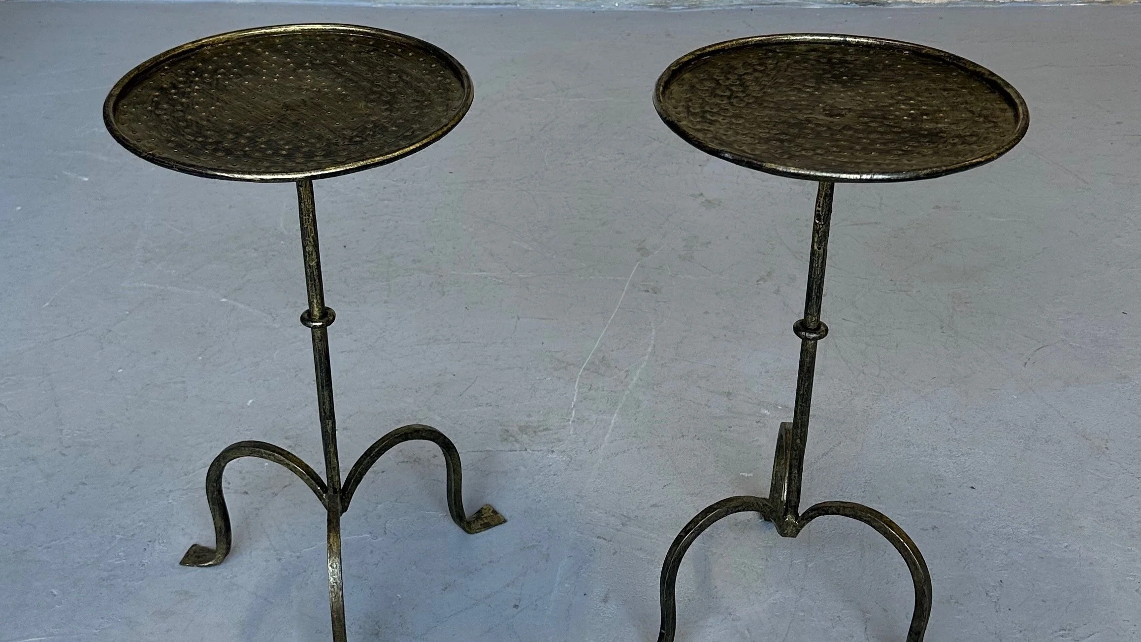 Pair of Spanish Gilt Iron Drinks Tables with Tripod Bases and Hammered Tops     (TG0124-56P)