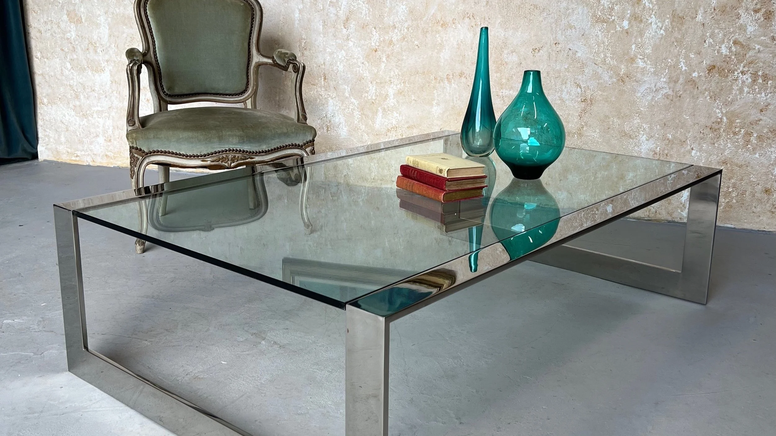 Sleek 1970's Polished Steel and Glass Coffee Table  (CT0317-01)